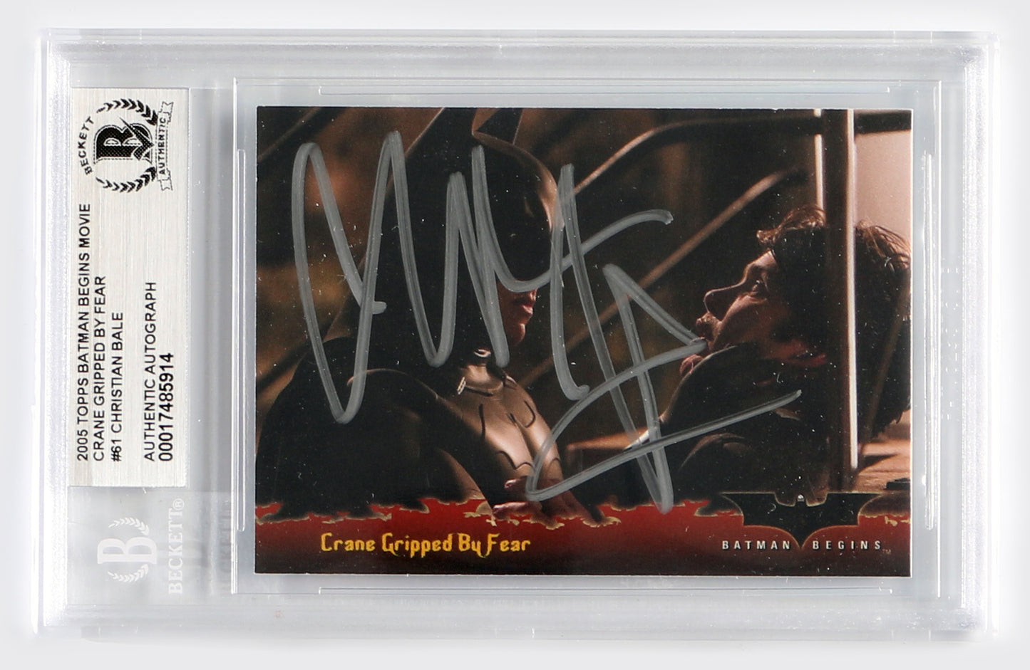 
                  
                    Christian Bale as Batman in Batman Begins (Beckett Slabbed) Signed Topps 'Crane Gripped by Fear" #61 Trading Card
                  
                
