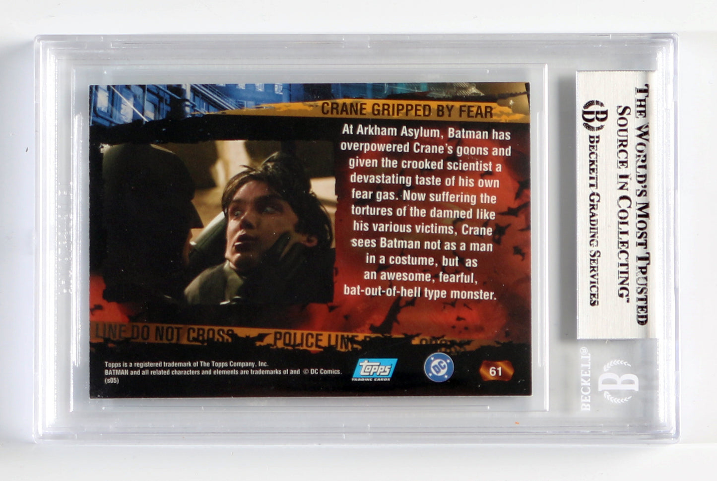 
                  
                    Christian Bale as Batman in Batman Begins (Beckett Slabbed) Signed Topps 'Crane Gripped by Fear" #61 Trading Card
                  
                