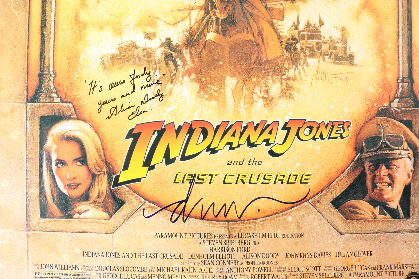 
                  
                    John Rhys-Davies as Sallah, Allison Doody as Elsa, & Poster Artist Drew Struzan Indiana Jones & The Last Crusade Signed 27x40 Poster with Character Names & Quotes
                  
                