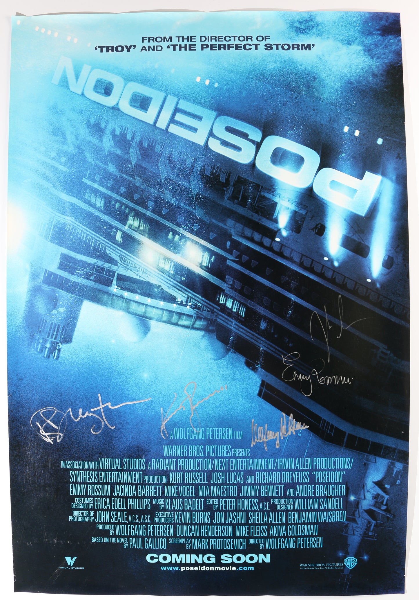 
                  
                    Poseidon 27x40 Poster Cast Signed by Kurt Russell, Richard Dreyfuss, Josh Lucas, Emmy Rossum, & Director Wolfgang Peterson
                  
                