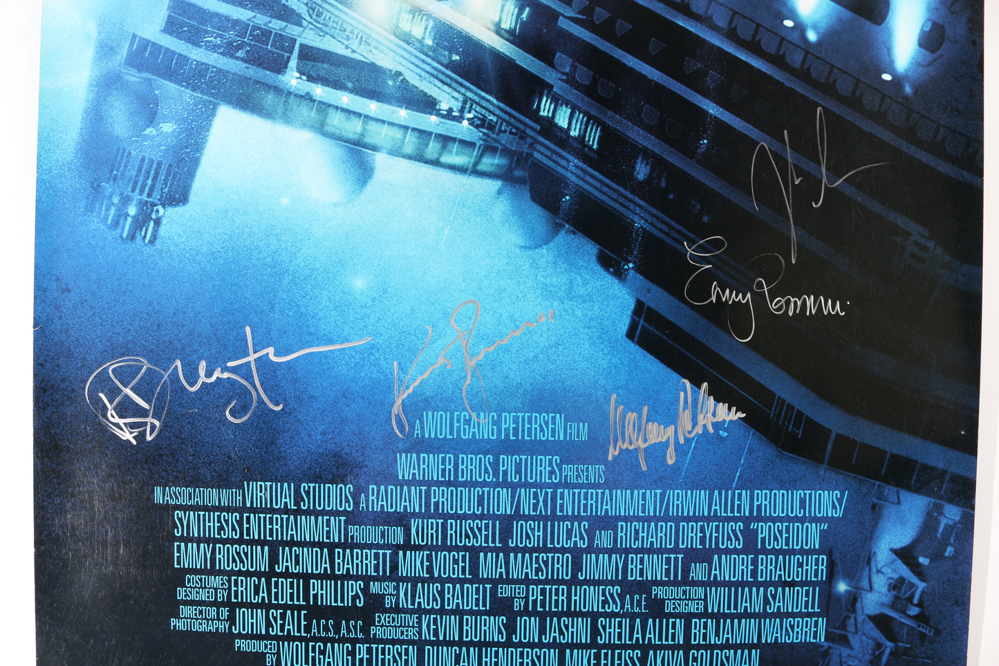 
                  
                    Poseidon 27x40 Poster Cast Signed by Kurt Russell, Richard Dreyfuss, Josh Lucas, Emmy Rossum, & Director Wolfgang Peterson
                  
                
