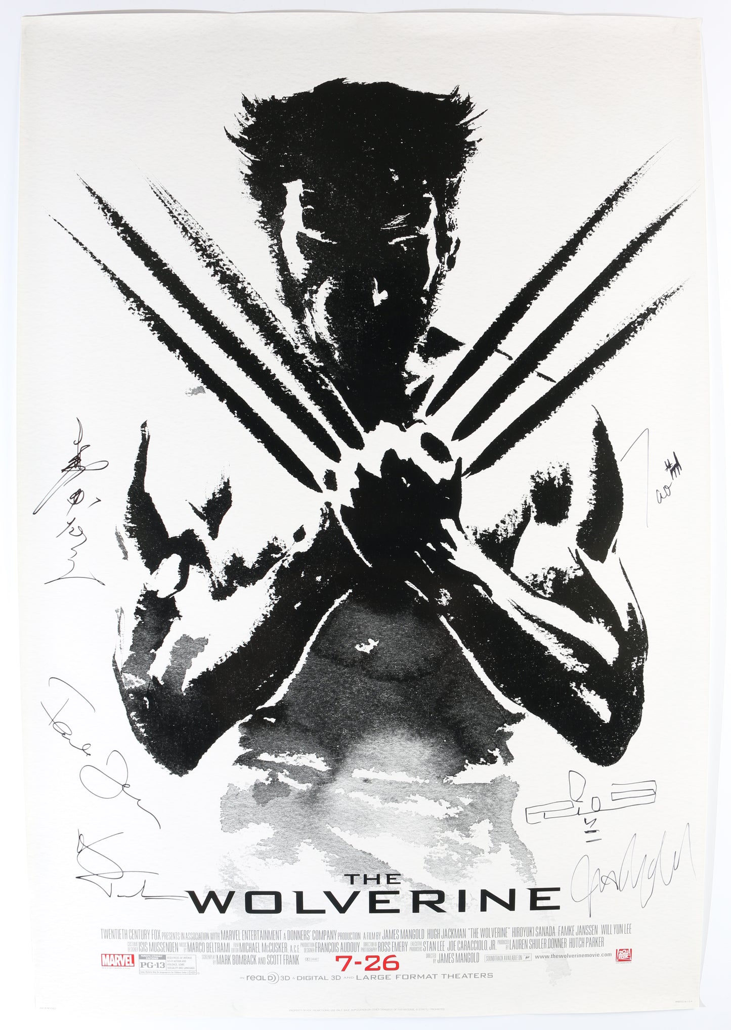 
                  
                    The Wolverine 27x40 Poster Cast Signed by Hugh Jackman, Famke Janssen, Tao Okamoto, Rila Fukushima, Hiroyuki Sanada, & Director: James Mangold
                  
                