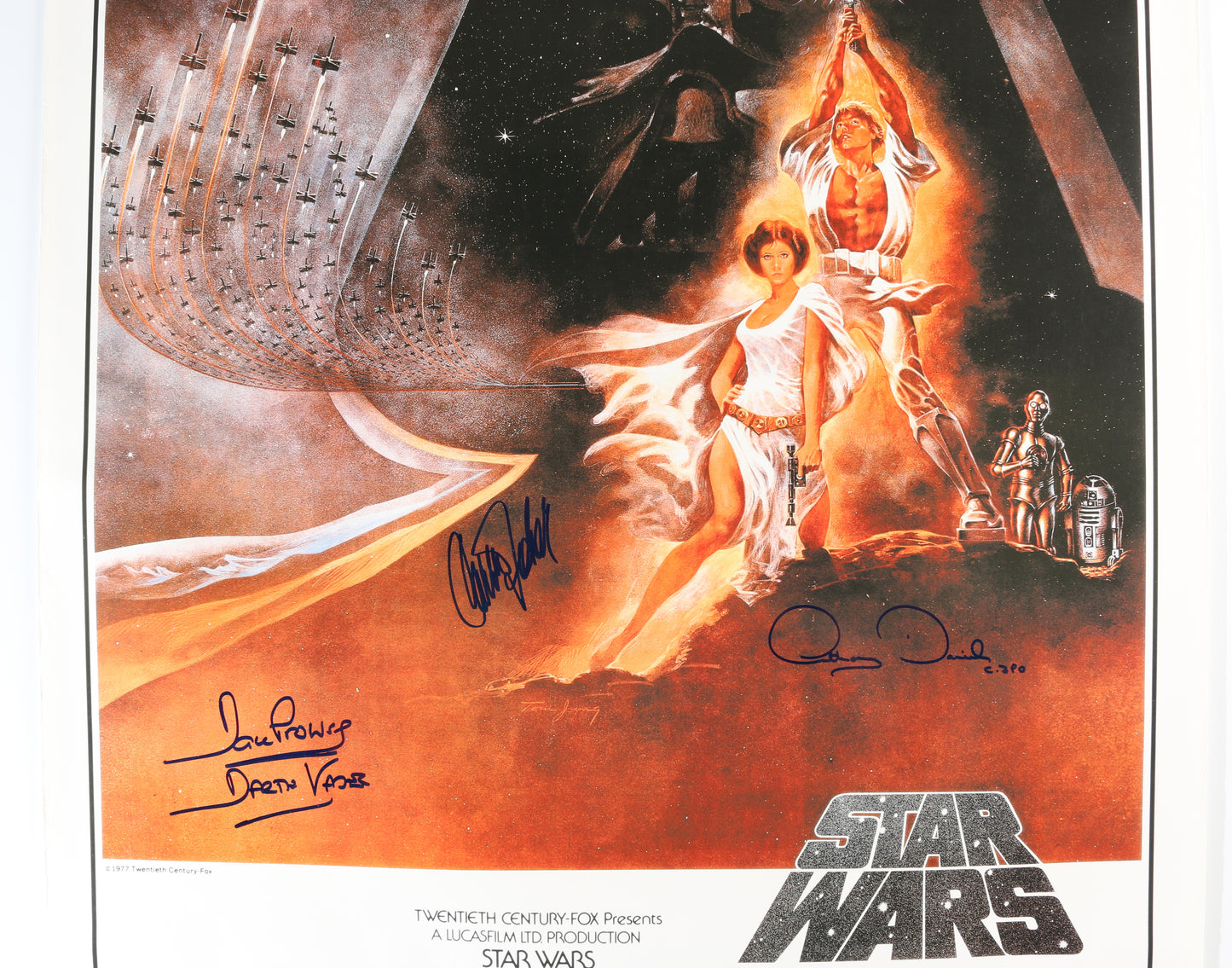 
                  
                    Carrie Fisher as Princess Leia, Anthony Daniels as C-3PO, & Dave Prowse as Darth Vader in Star Wars: A New Hope (Beckett) Signed 27x39.5 Poster with Character Names
                  
                