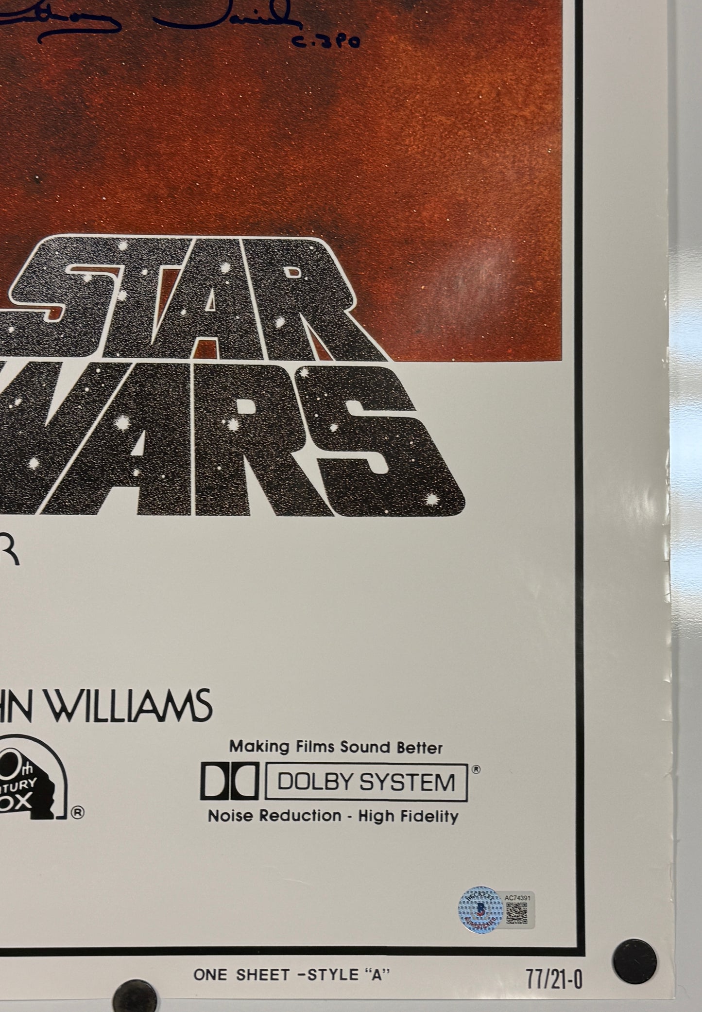 
                  
                    Carrie Fisher as Princess Leia, Anthony Daniels as C-3PO, & Dave Prowse as Darth Vader in Star Wars: A New Hope (Beckett) Signed 27x39.5 Poster with Character Names
                  
                