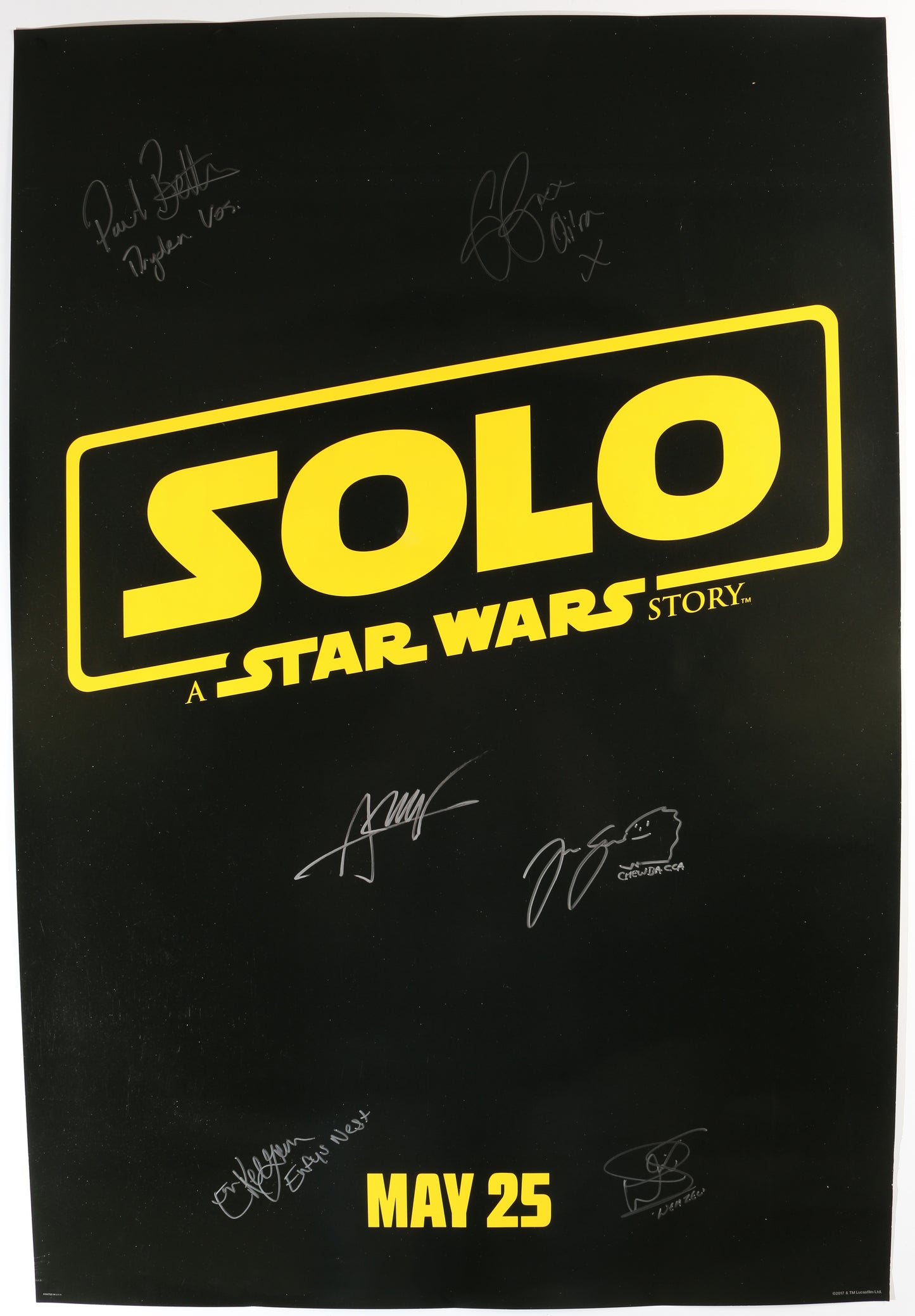 
                  
                    Solo: A Star Wars Story (Official Pix / Topps) 27x40 Poster Cast Signed by Alden Ehrenreich, Joonas Suotamo, Paul Bettany, Emilia Clarke, Warwick Davis, & Erin Kellyman with Character Names
                  
                