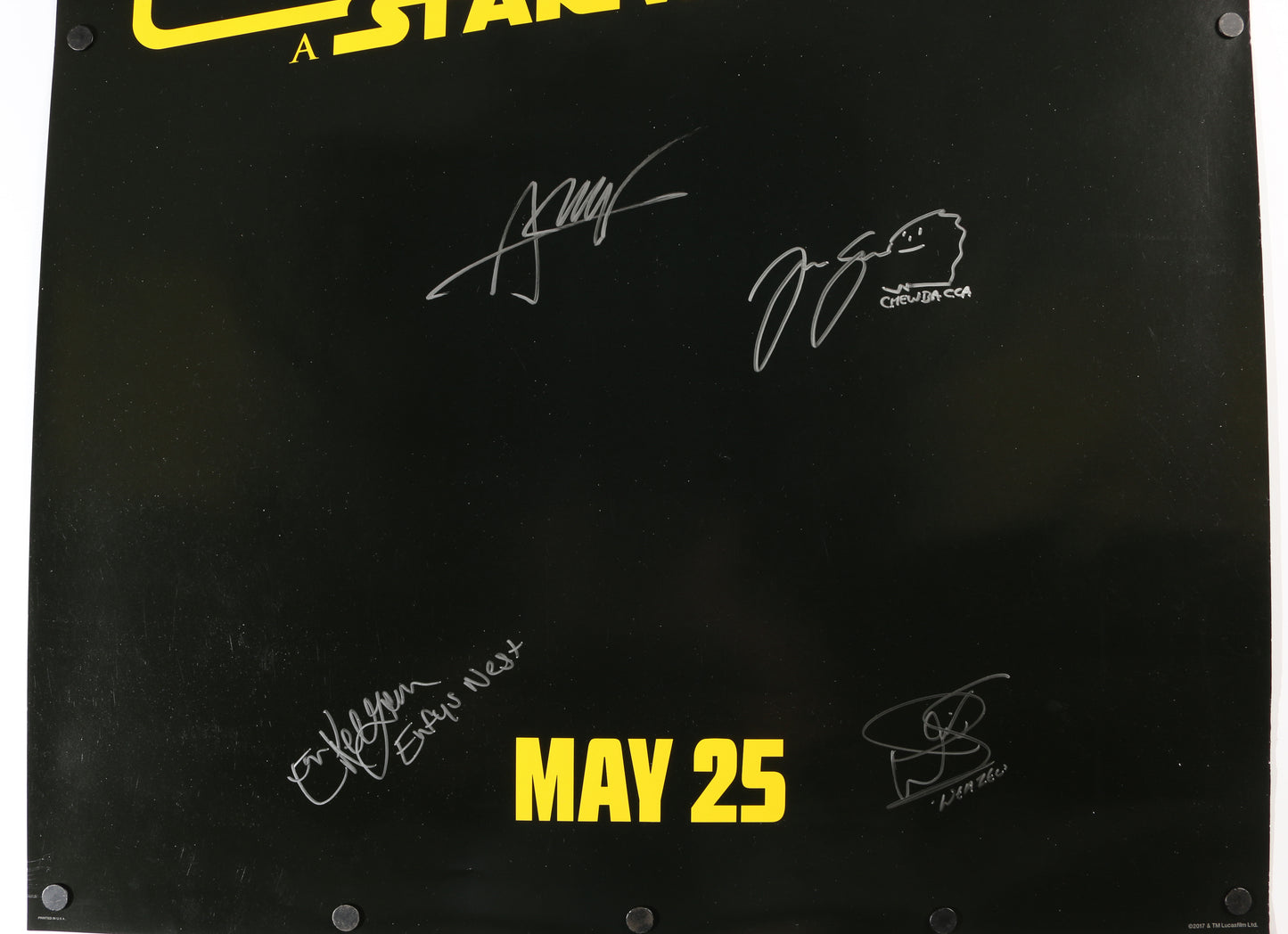 
                  
                    Solo: A Star Wars Story (Official Pix / Topps) 27x40 Poster Cast Signed by Alden Ehrenreich, Joonas Suotamo, Paul Bettany, Emilia Clarke, Warwick Davis, & Erin Kellyman with Character Names
                  
                