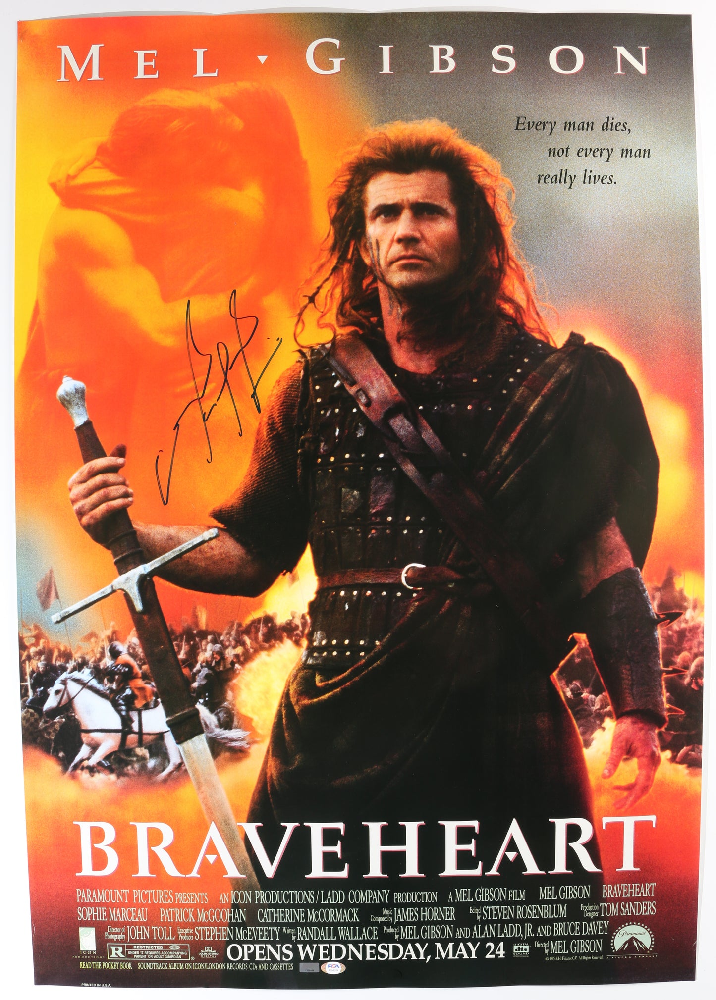 
                  
                    Mel Gibson as William Wallace in Braveheart (Celebrity Authentics/PSA) Signed 27x39 Poster
                  
                