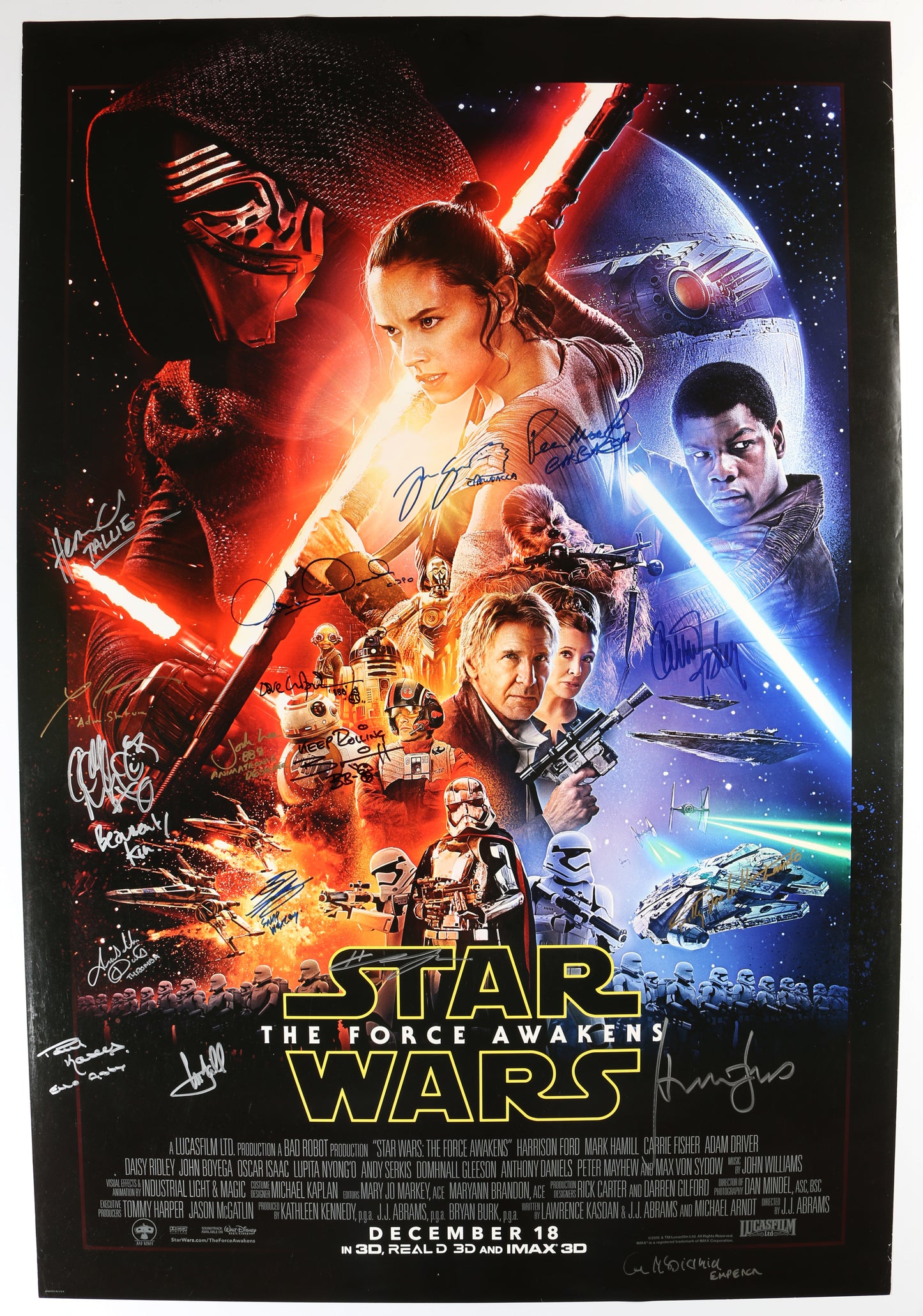 
                  
                    Star Wars: The Force Awakens (Official Pix / JSA / Topps ) 27x40 Poster Cast Signed by Harrison Ford, Carrie Fisher, Mark Hamill, Peter Mayhew, Anthony Daniels, Joonas Suotamo, Hayden Christensen, Billy Dee Williams, Ian McDiarmid, & Brian Herring
                  
                