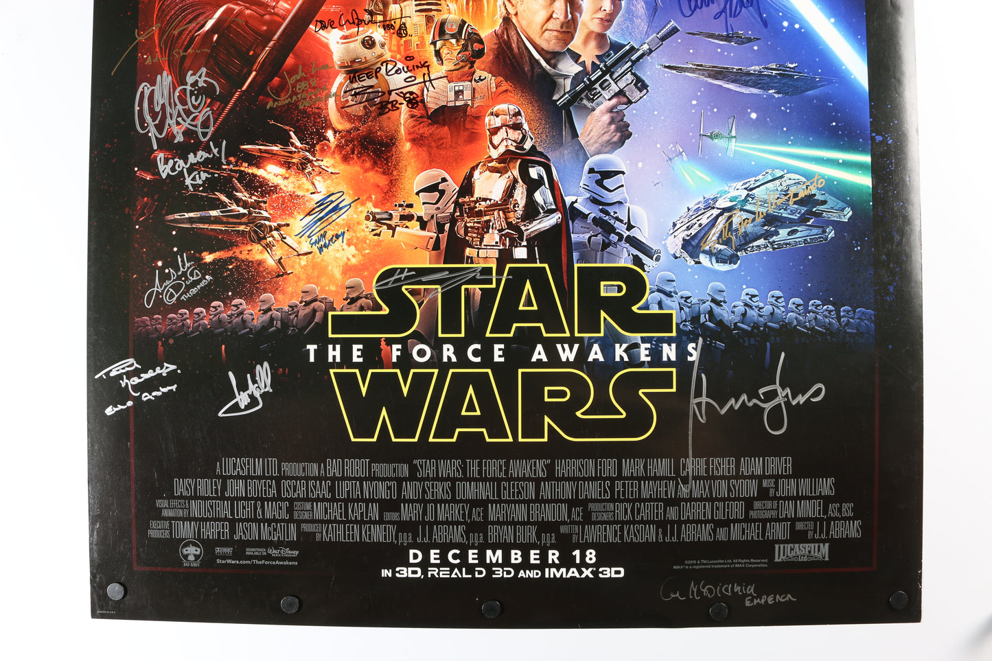 
                  
                    Star Wars: The Force Awakens (Official Pix / JSA / Topps ) 27x40 Poster Cast Signed by Harrison Ford, Carrie Fisher, Mark Hamill, Peter Mayhew, Anthony Daniels, Joonas Suotamo, Hayden Christensen, Billy Dee Williams, Ian McDiarmid, & Brian Herring
                  
                