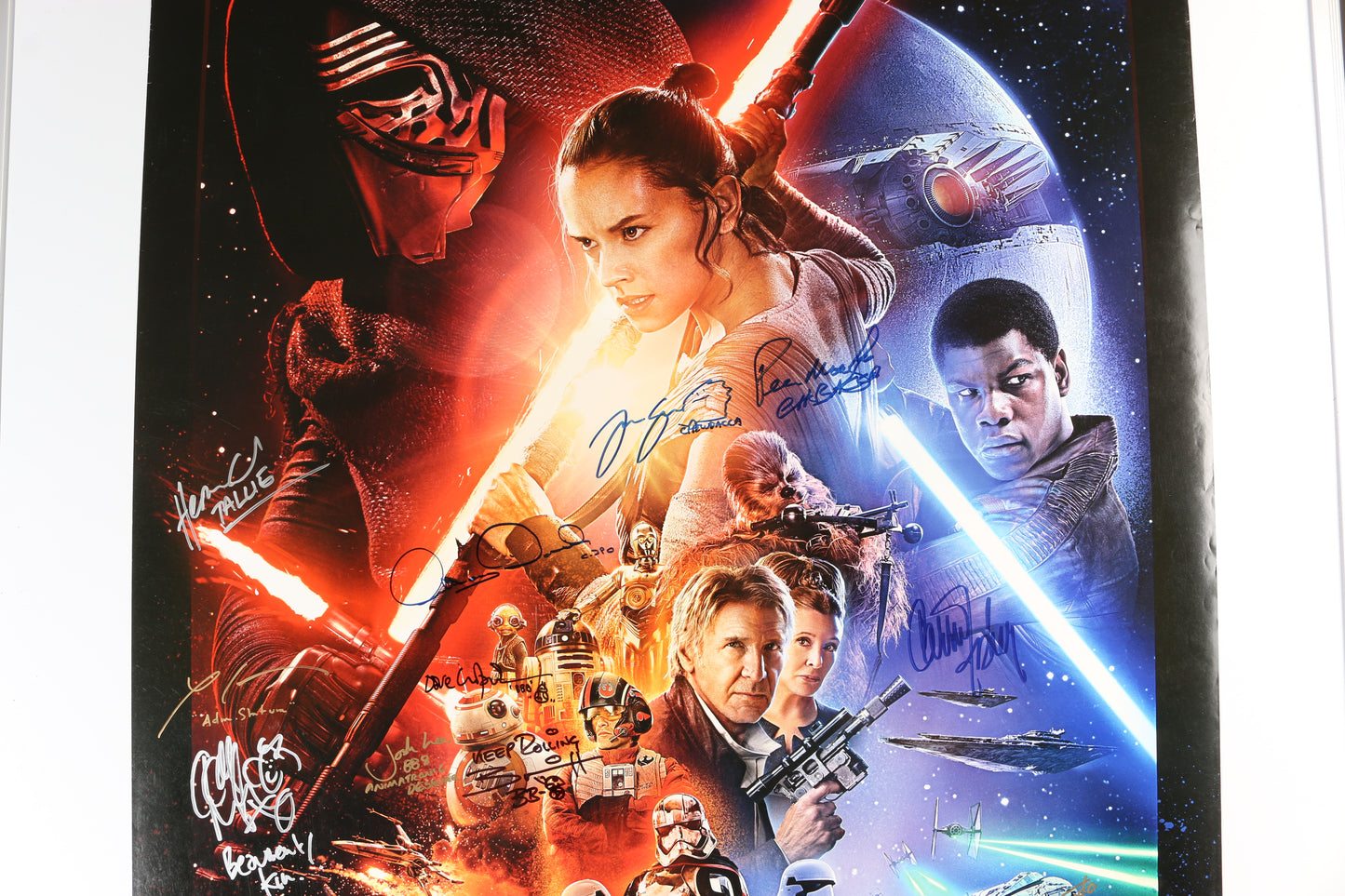 
                  
                    Star Wars: The Force Awakens (Official Pix / JSA / Topps ) 27x40 Poster Cast Signed by Harrison Ford, Carrie Fisher, Mark Hamill, Peter Mayhew, Anthony Daniels, Joonas Suotamo, Hayden Christensen, Billy Dee Williams, Ian McDiarmid, & Brian Herring
                  
                