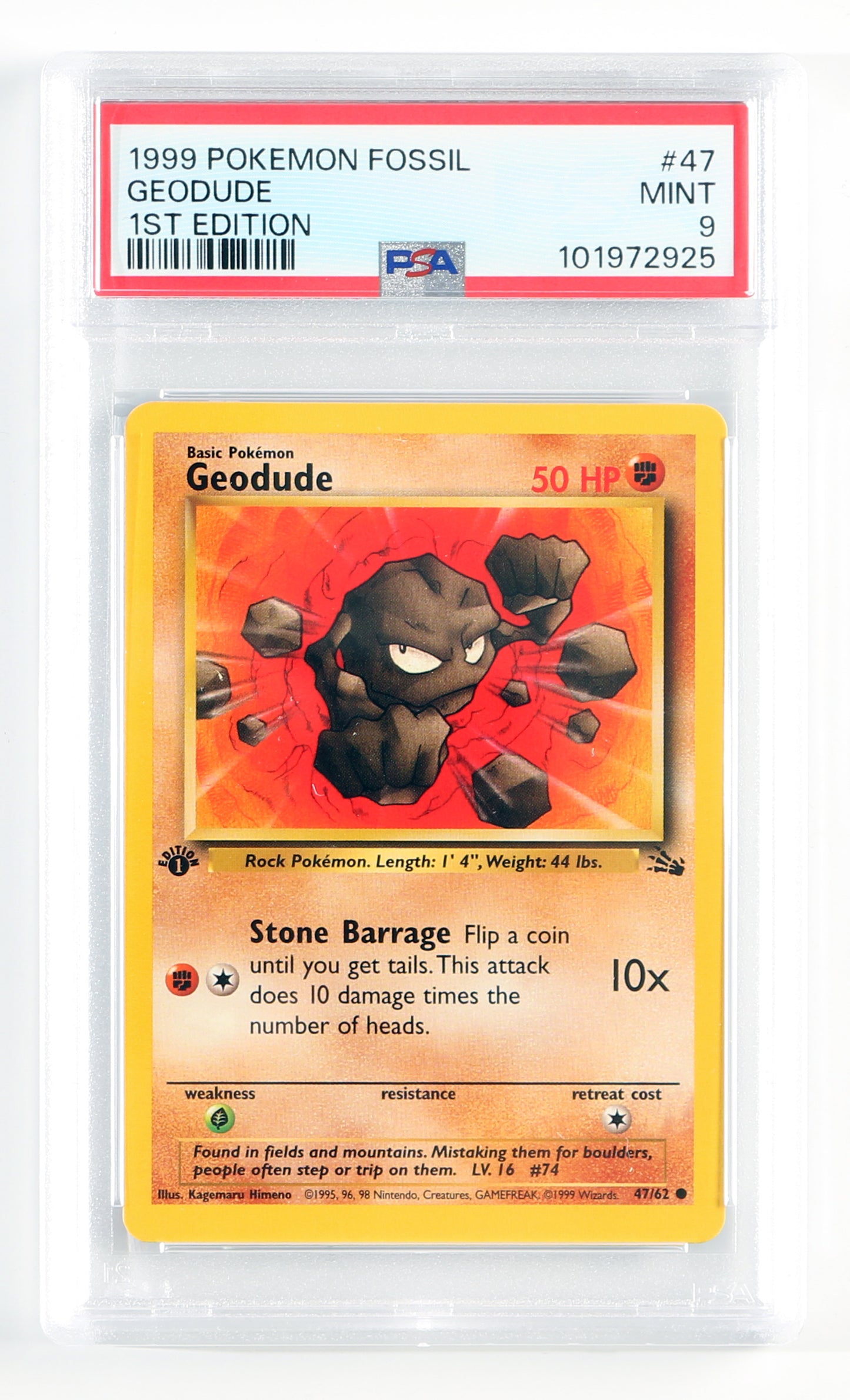 
                  
                    Geodude 1st Edition Fossil (PSA Encapsulated Grade Mint 9) 1999 Pokemon Trading Card #47
                  
                