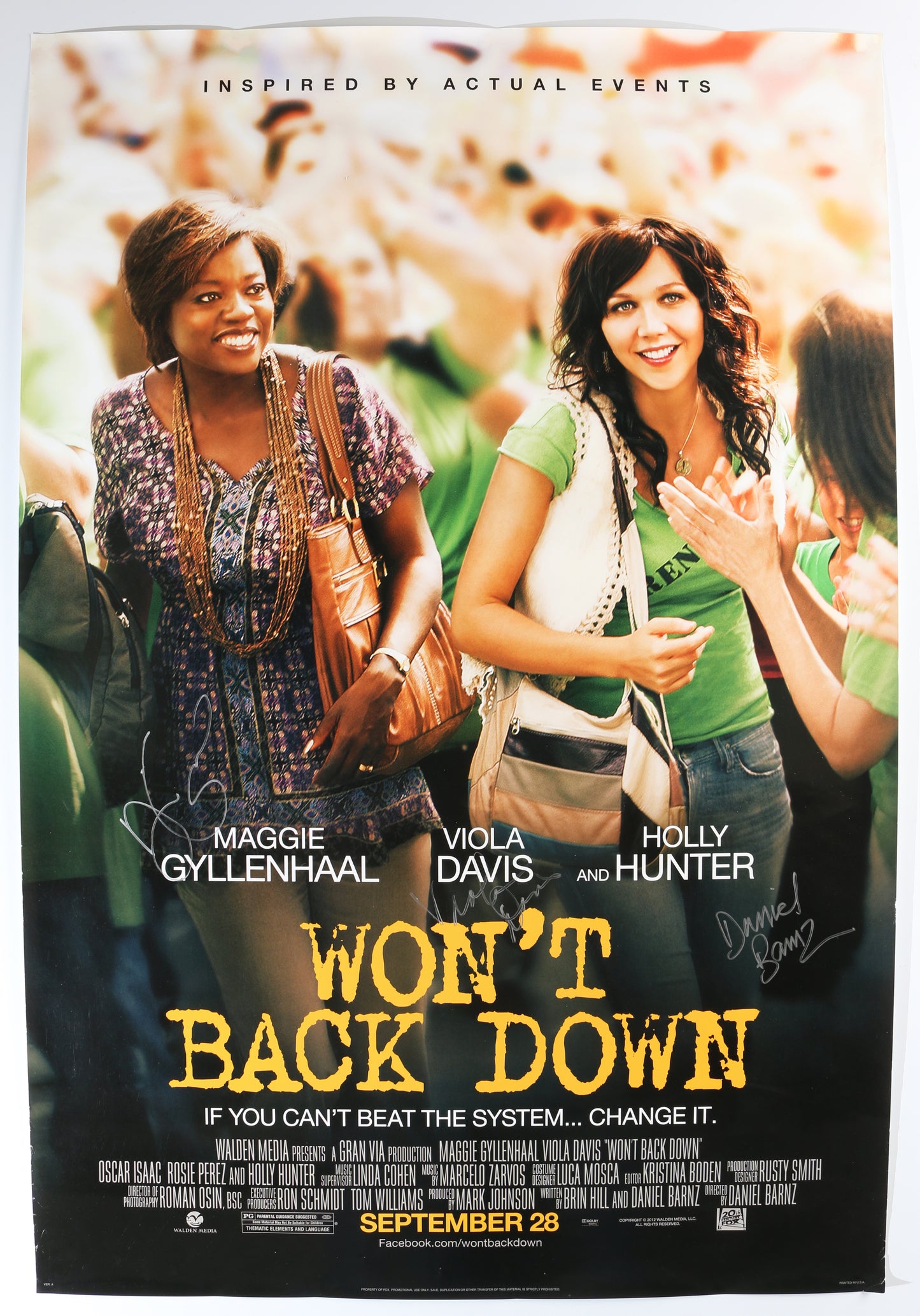 
                  
                    Maggie Gyllenhaal as Jamie Fitzpatrick, Viola Davis as Nona Alberts, & Director Daniel Barnz in Won't Back Down Signed 27x40 Poster
                  
                