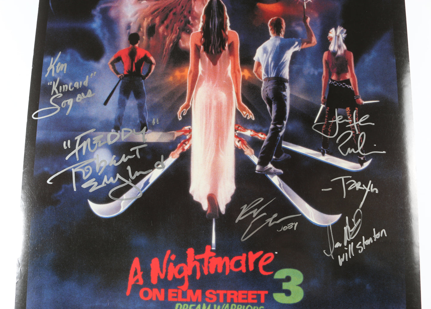 
                  
                    A Nightmare on Elm Street 3 24x36 Poster Cast Signed by Robert Englund, Ken Sagoes, Rodney Eastman, Ira Heiden, & Jennifer Rubin with Character Names
                  
                
