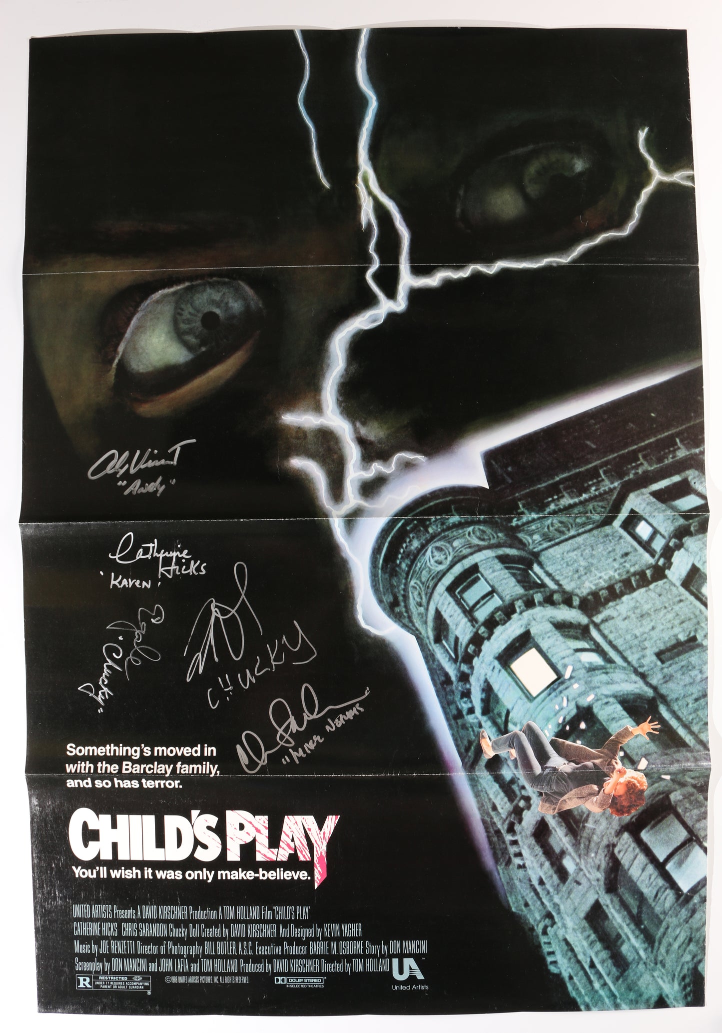 
                  
                    Child's Play 27x40 Poster Cast Signed by Alex Vincent, Brad Dourif, Catherine Hicks, Chris Sarandon, & Ed Gale with Character Names
                  
                