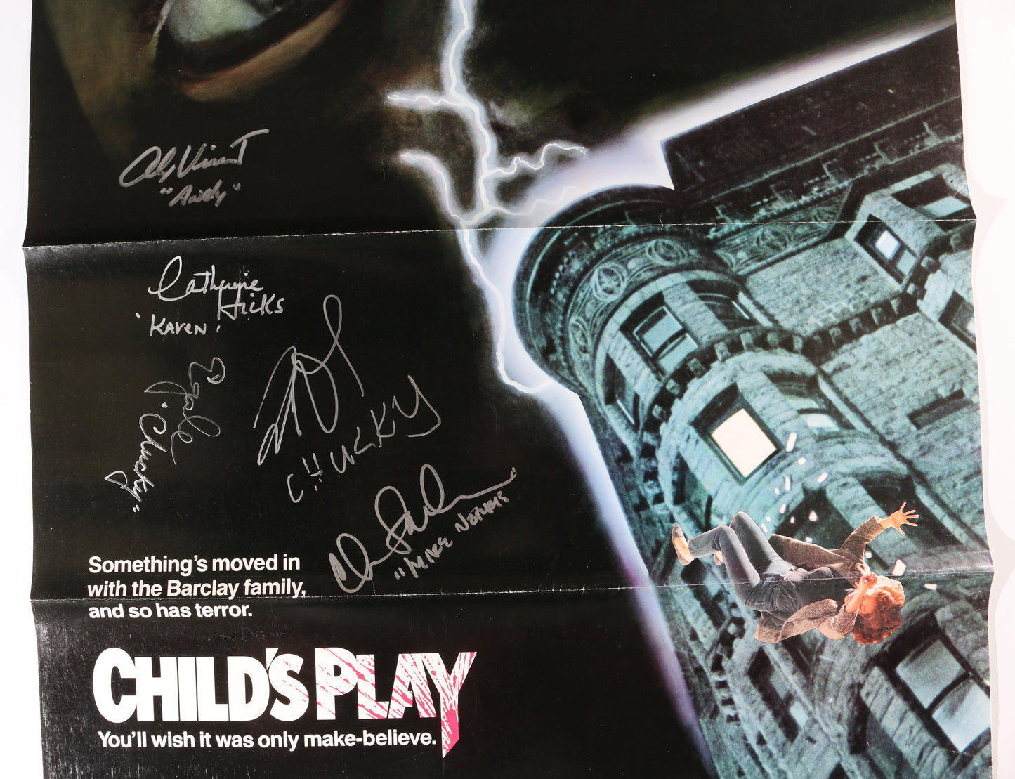 
                  
                    Child's Play 27x40 Poster Cast Signed by Alex Vincent, Brad Dourif, Catherine Hicks, Chris Sarandon, & Ed Gale with Character Names
                  
                
