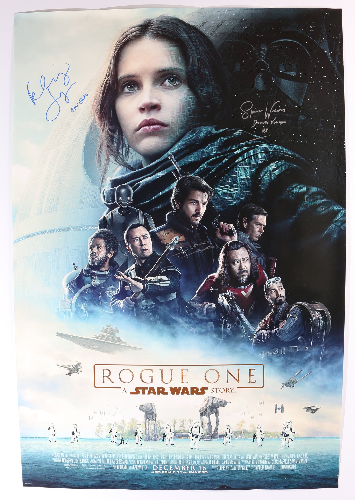 
                  
                    Felicity Jones as Jyn Erso, Diego Luna as Cassian Andor, & Spencer Wilding as Darth Vader in Rogue One: A Star Wars Story Signed 27x40 Poster with Character Names
                  
                
