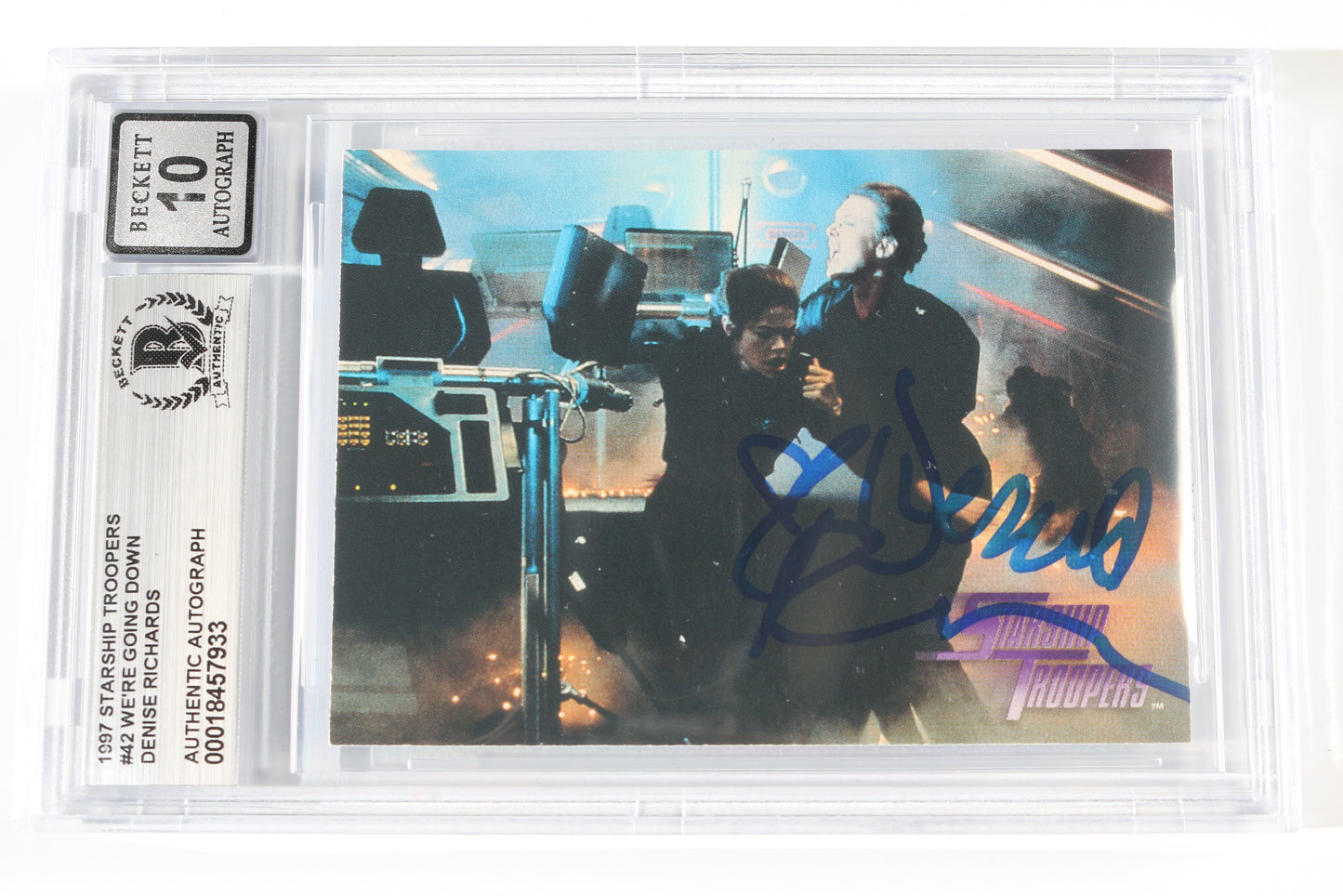 
                  
                    Denise Richards as Carmen Ibanez in Starship Troopers "We're Going Down" (Beckett Encapsulated) Signed 1997 Inkworks Trading Card
                  
                