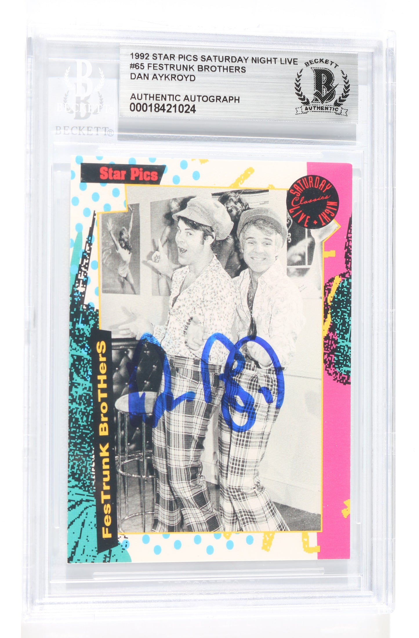 
                  
                    Dan Aykroyd Festrunk Brothers Sketch in Saturday Night Live (Beckett Encapsulated) Signed 1992 Topps Star Pics Trading Card
                  
                