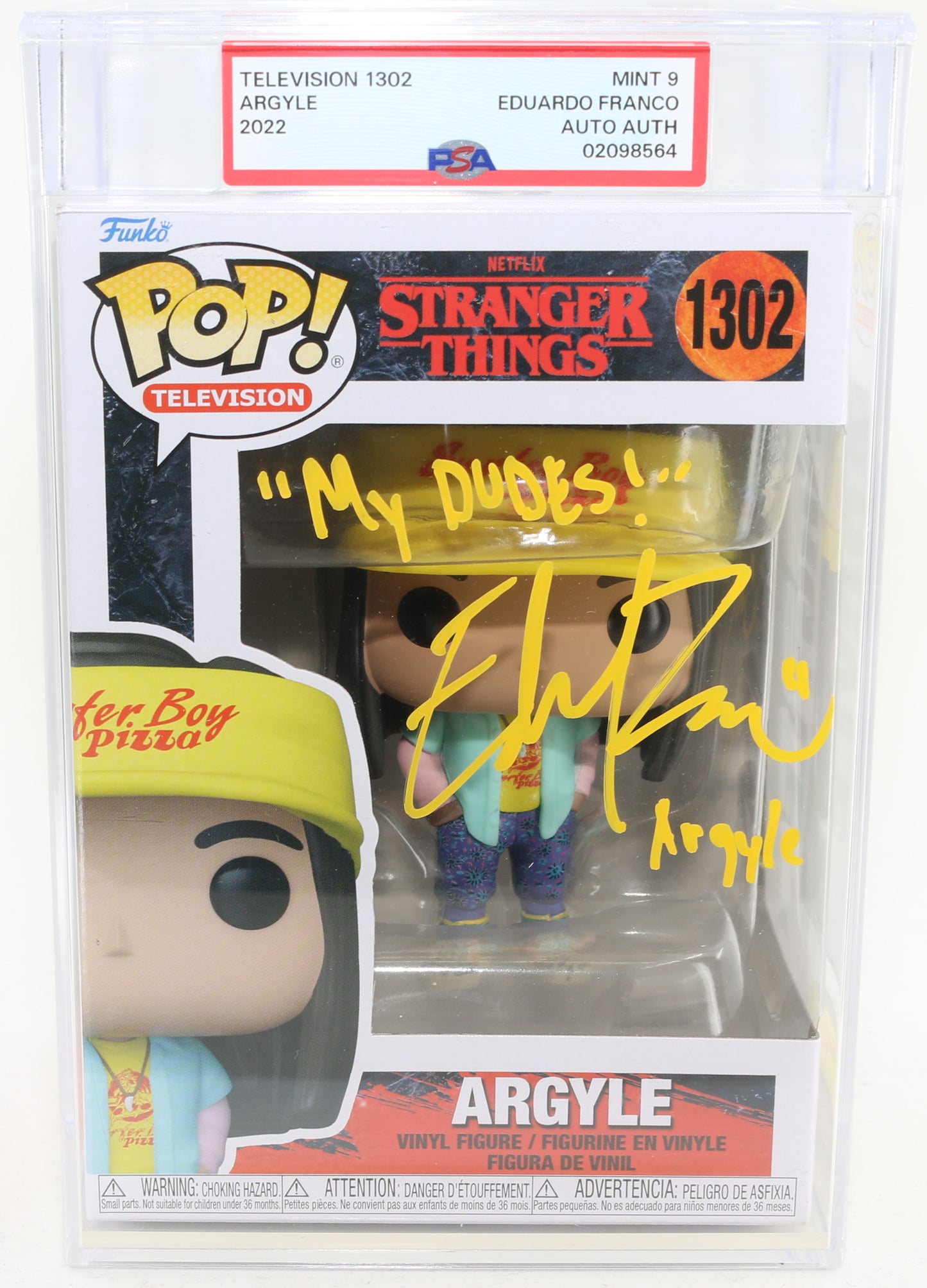 
                  
                    Eduardo Franco as Argyle in Stranger Things Signed Funko POP! #1302 with Character Name and Quote PSA Graded 9.0
                  
                