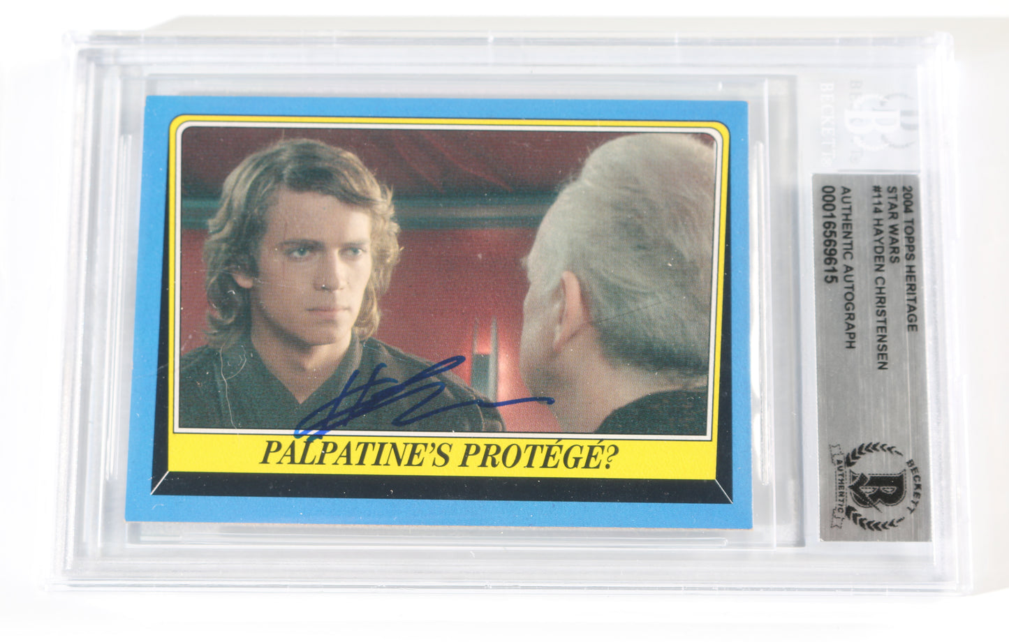 
                  
                    Hayden Christensen as Anakin Skywalker in Star Wars Episode III: Revenge of the Sith (Beckett Encapsulated) Signed 2004 Topps "Palpatine's Protege?" Trading Card
                  
                