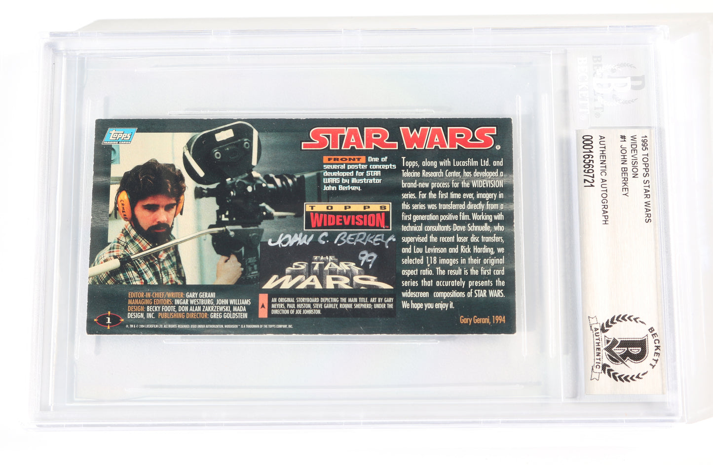 
                  
                    John Berkey Poster Artist for Star Wars (Beckett Encapsulated) Signed 1995 Topps Widevision Trading Card
                  
                