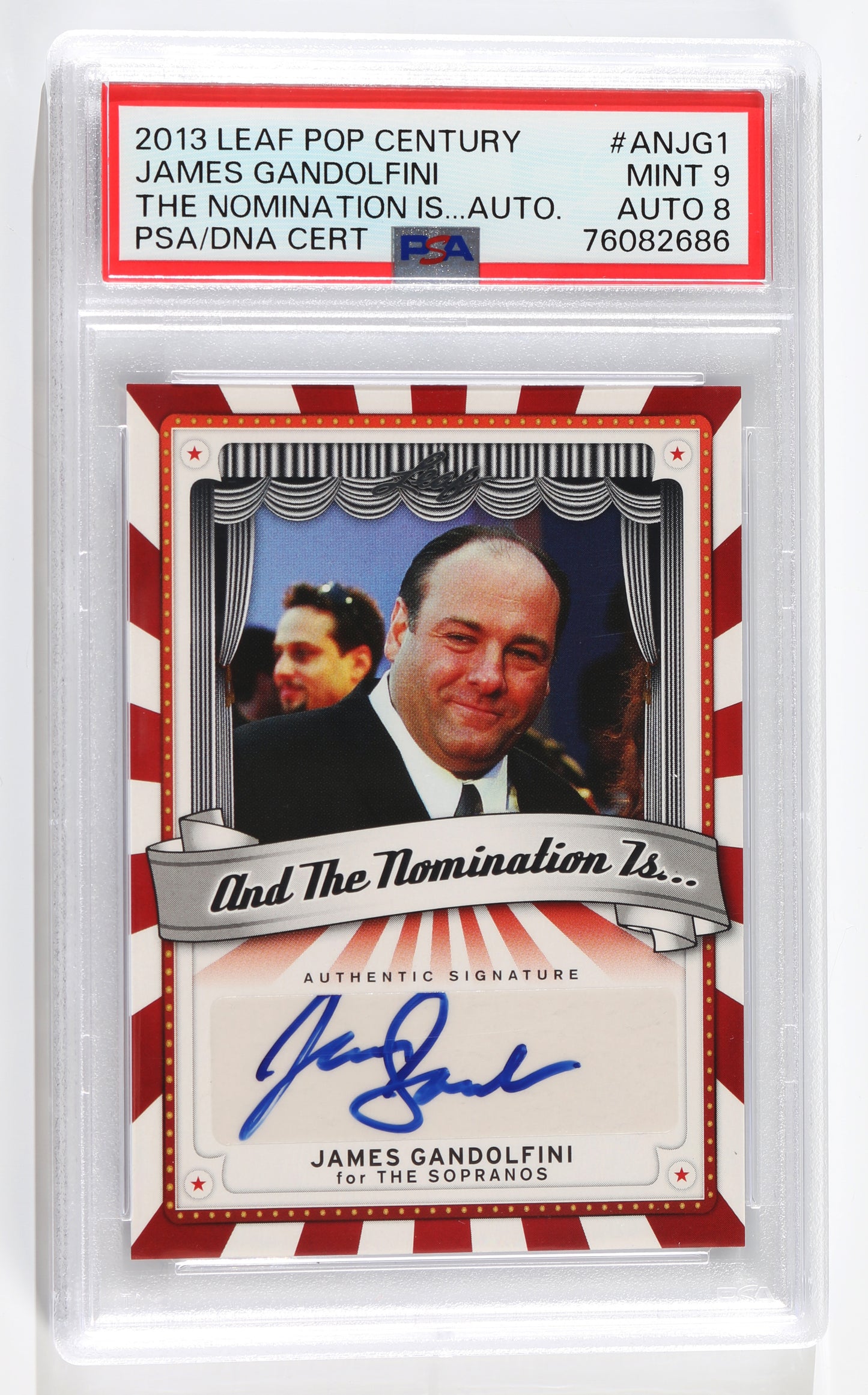 
                  
                    James Gandolfini Tony Soprano from The Sopranos (PSA Encapsulated) Signed 2013 Leaf Pop Century Trading Card
                  
                