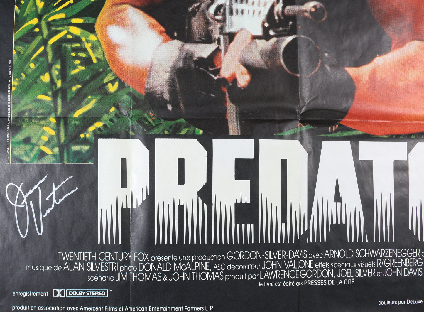 
                  
                    Arnold Schwarznegger as Dutch, Carl Weathers as Dillon, & Jesse Ventura as Blain in Predator Signed 45x61.5 French Poster with Character Name
                  
                