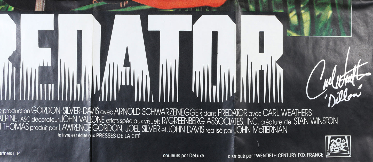 
                  
                    Arnold Schwarznegger as Dutch, Carl Weathers as Dillon, & Jesse Ventura as Blain in Predator Signed 45x61.5 French Poster with Character Name
                  
                