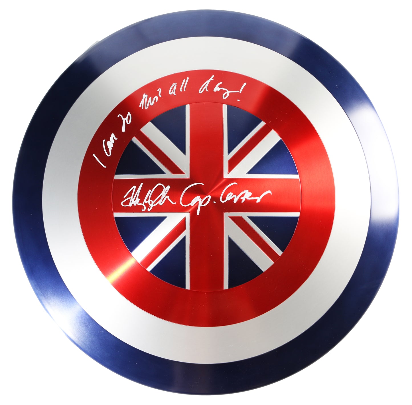 
                  
                    Hayley Atwell as Captain Peggy Carter in Doctor Strange in the Multiverse of Madness & What If...? Signed Disney Parks Prop Replica Shield with Character Name & Quote
                  
                