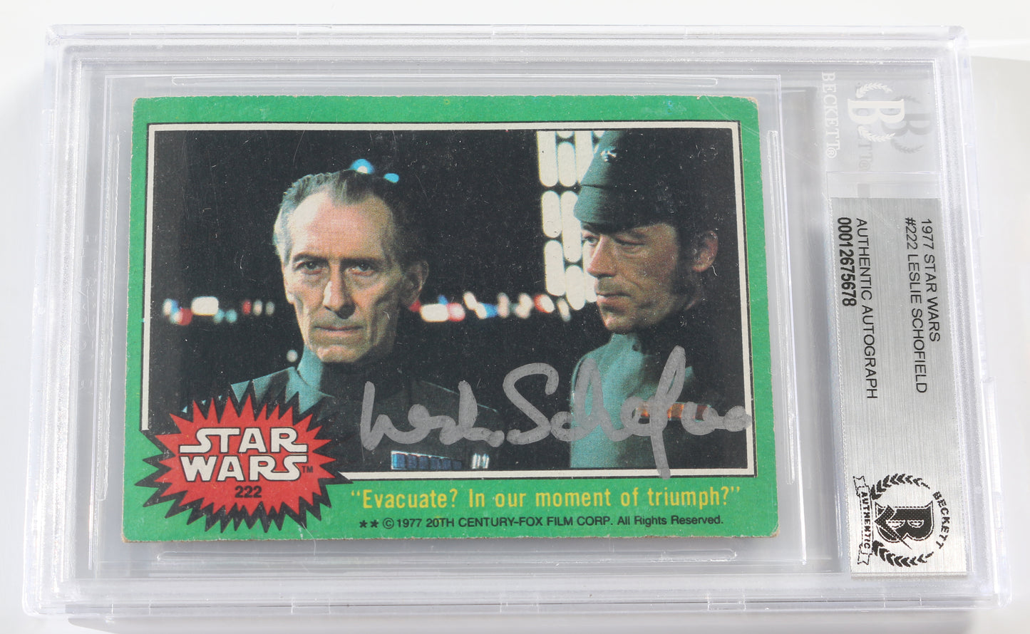 
                  
                    Leslie Schofield as Chief Bast in Star Wars: A New Hope (Beckett Encapsulated) Signed 1977 Trading Card
                  
                