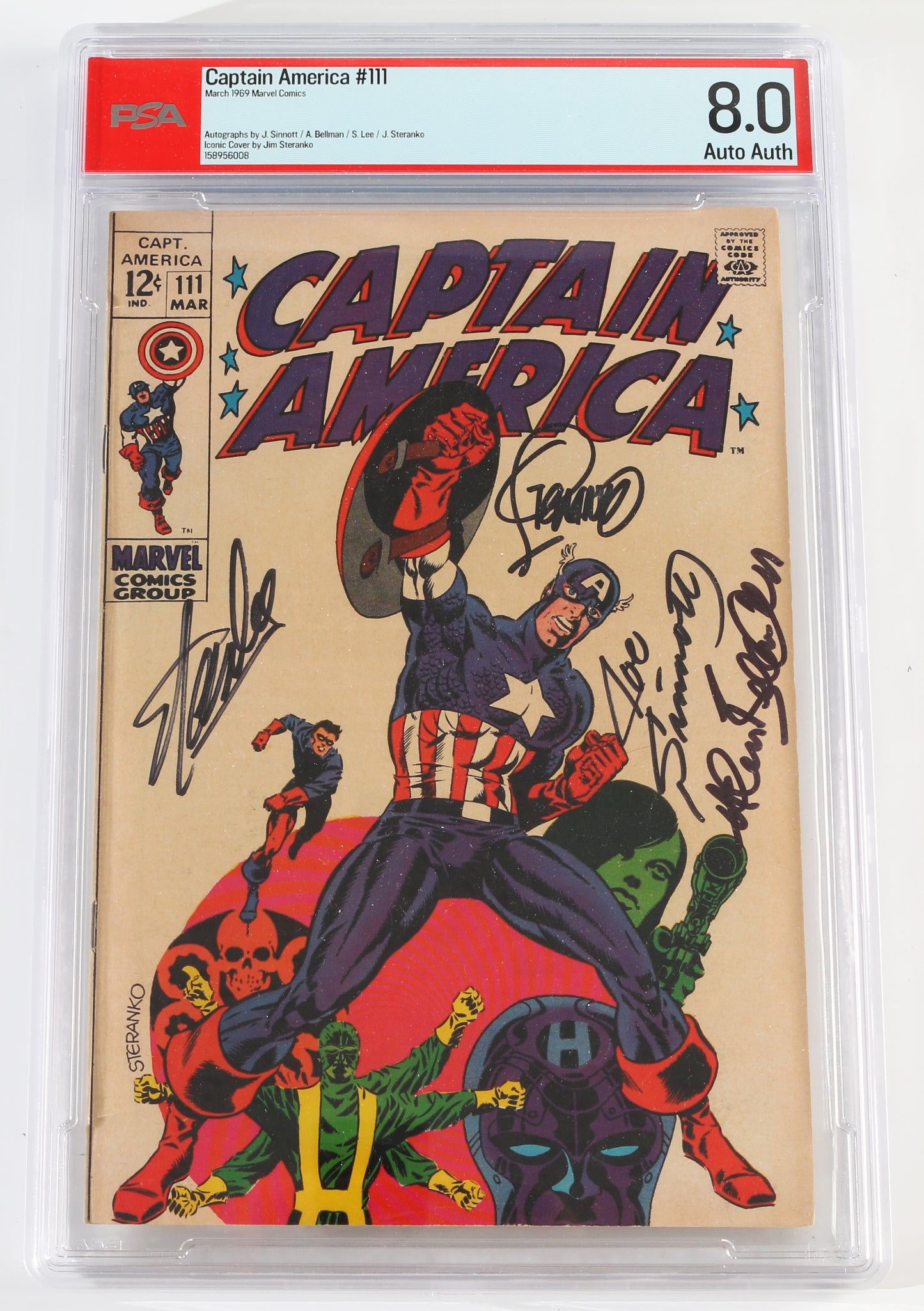 
                  
                    Captain America #111 - Signed by Artists & Creators: Stan Lee, Joe Sinnott, Allen Bellman, & Jim Steranko (PSA Auto Auth 8.0) 1969
                  
                