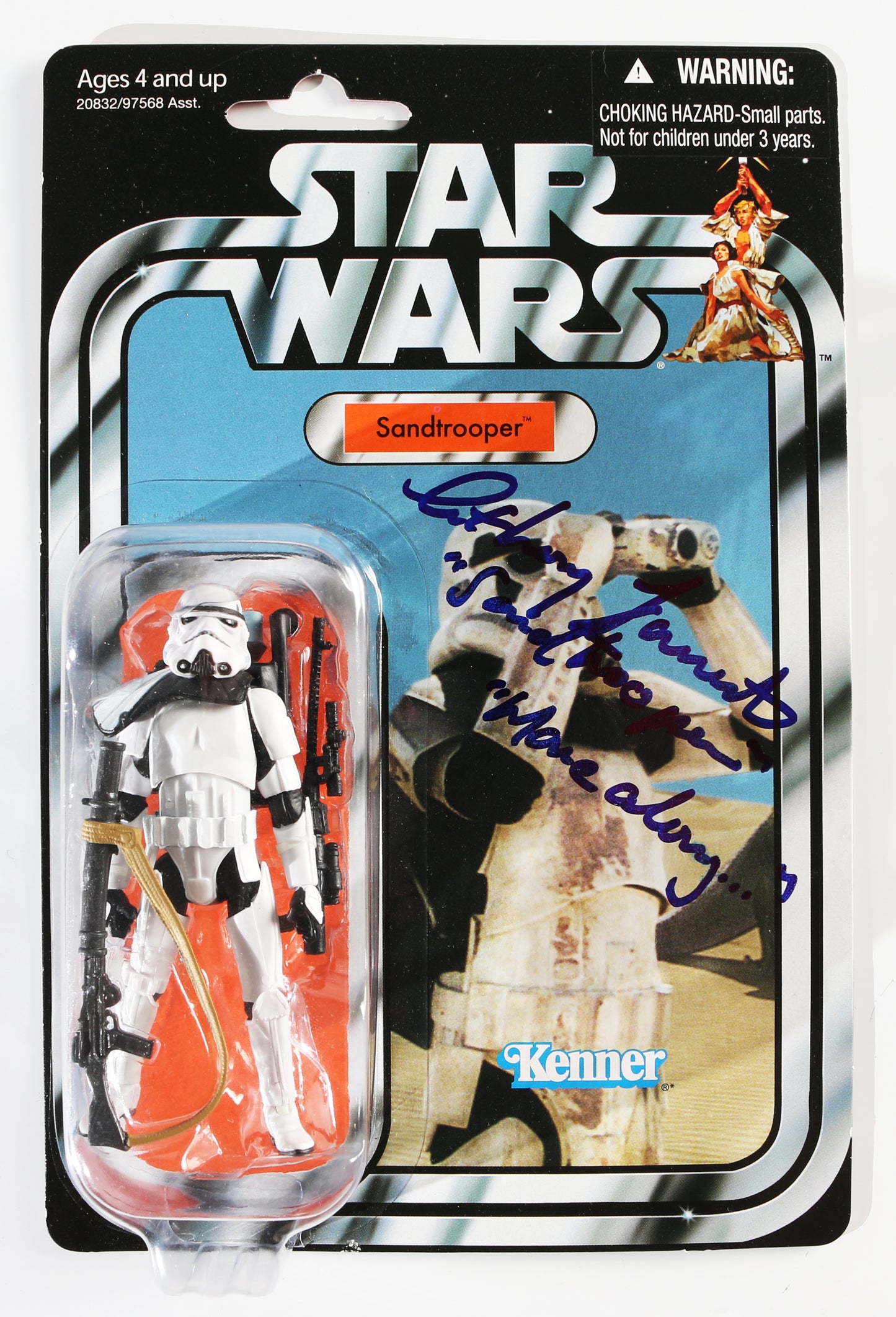 
                  
                    Anthony Forrest as Sandtrooper in Star Wars: A New Hope (Beckett) Signed Kenner Hasbro Action Figure with Character Name & Quote
                  
                