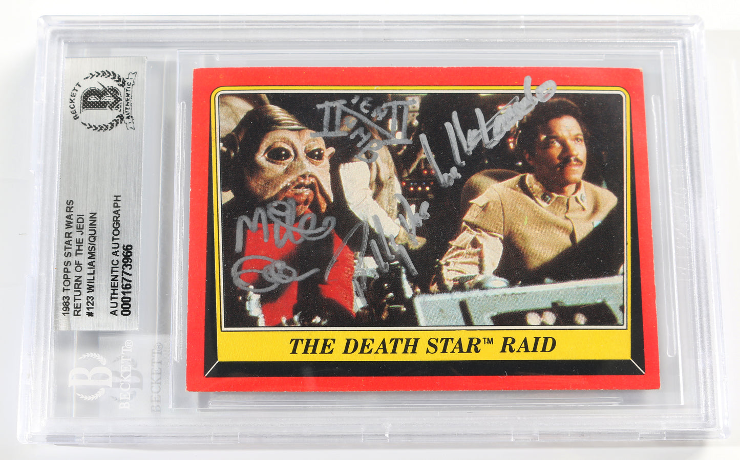 
                  
                    Mike Quinn as Nien Nunb & Billy Dee Williams as Lando Calrissian in Star Wars: Return of the Jedi (Beckett Encapsulated) Signed 1983 Topps Trading Card with Character Names
                  
                
