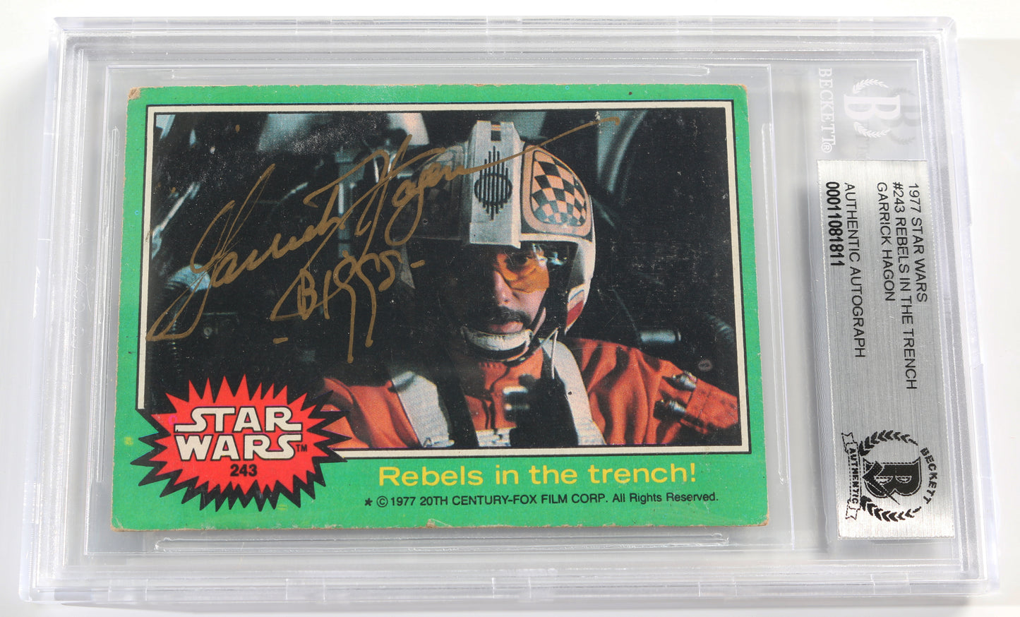 
                  
                    Garrick Hagon as Biggs Darklighter in Star Wars: A New Hope (Beckett Encapsulated) Signed 1977 Trading Card
                  
                