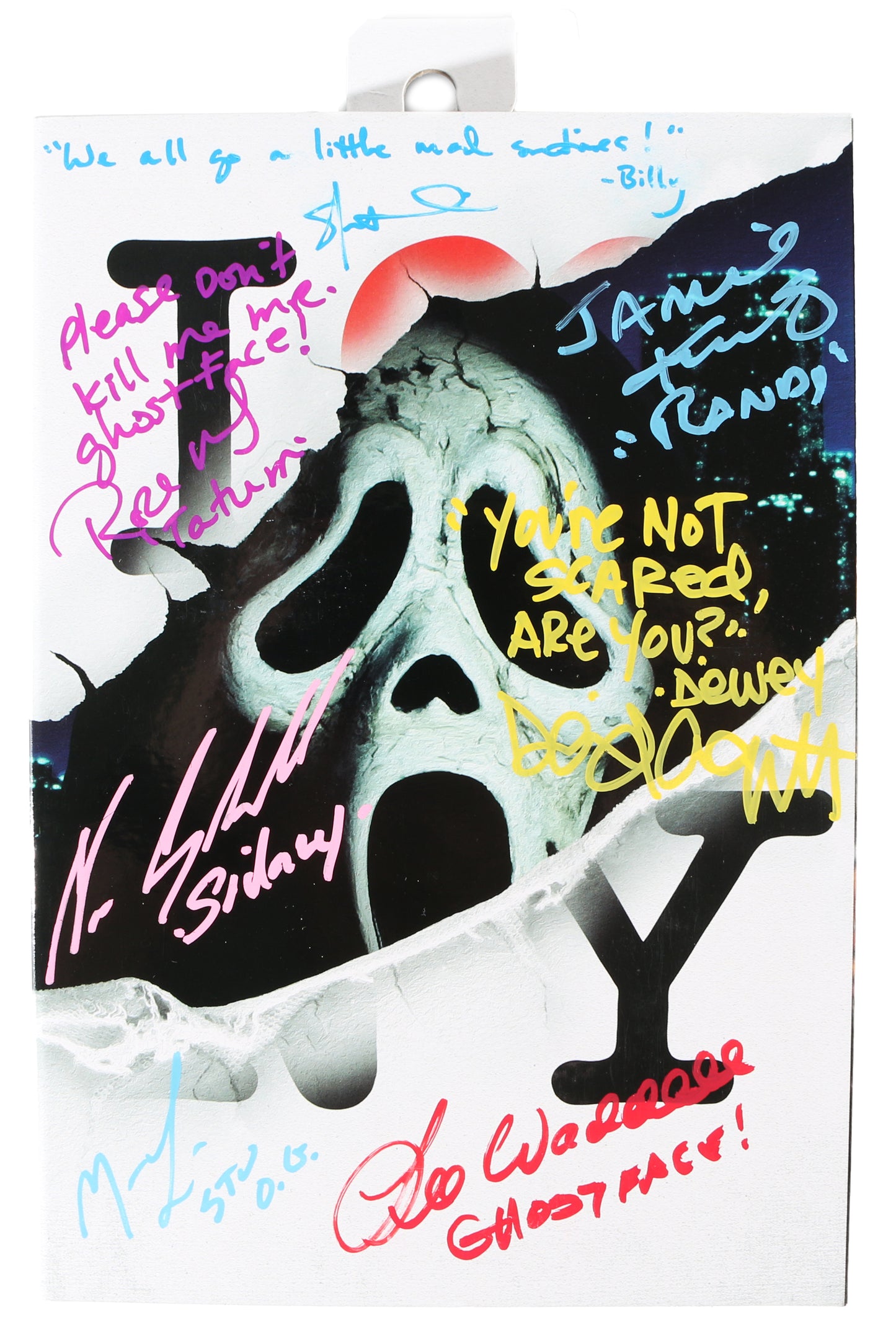 
                  
                    Scream Ghostface Neca Action Figure (JSA) Cast Signed by Neve Campbell, David Arquette, Skeet Ulrich, Matthew Lillard, Jamie Kennedy, Rose McGowan, & Roger L. Jackson With Character Names & Quotes
                  
                
