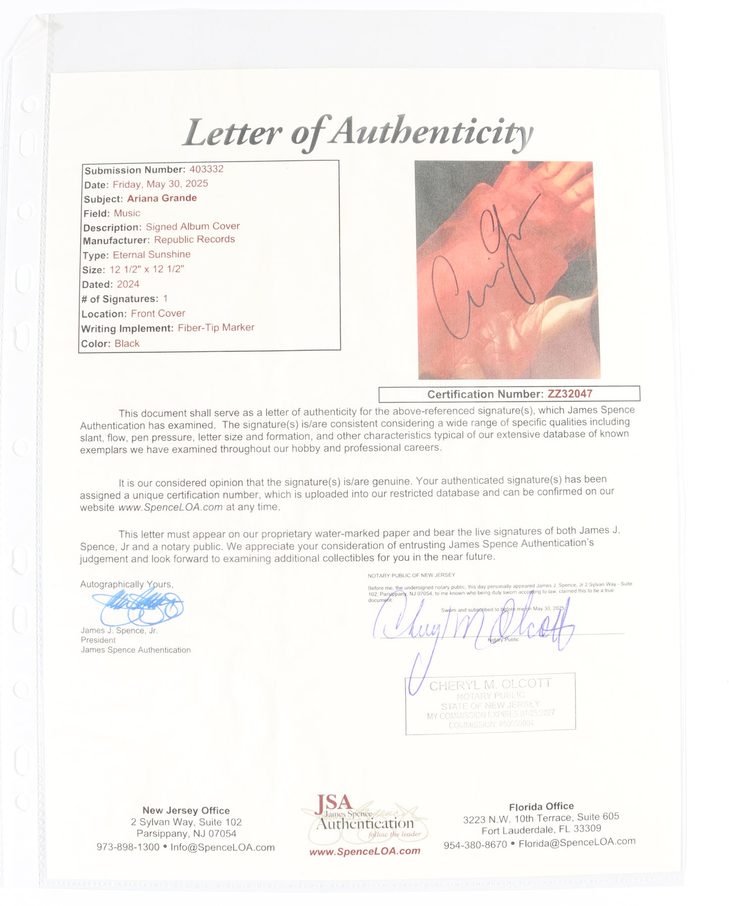 
                  
                    Ariana Grande: Eternal Sunshine (JSA) Signed 12" Vinyl LP Translucent Ruby Red Record
                  
                