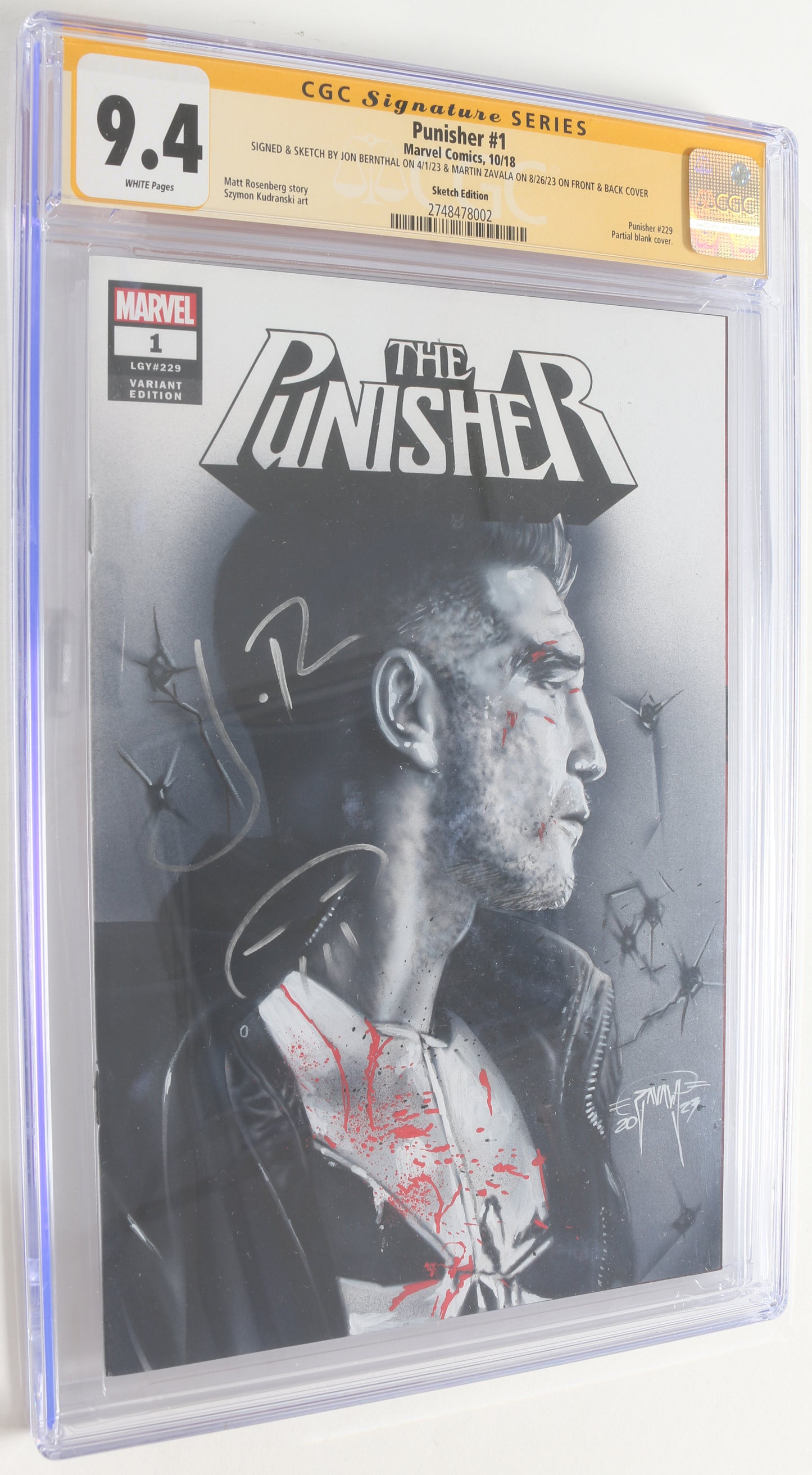 
                  
                    Marvel Comics Punisher #1 - Signed and Sketched by Martin Zavala and Jon Bernthal (CGC Signature Series 9.4) 2018
                  
                