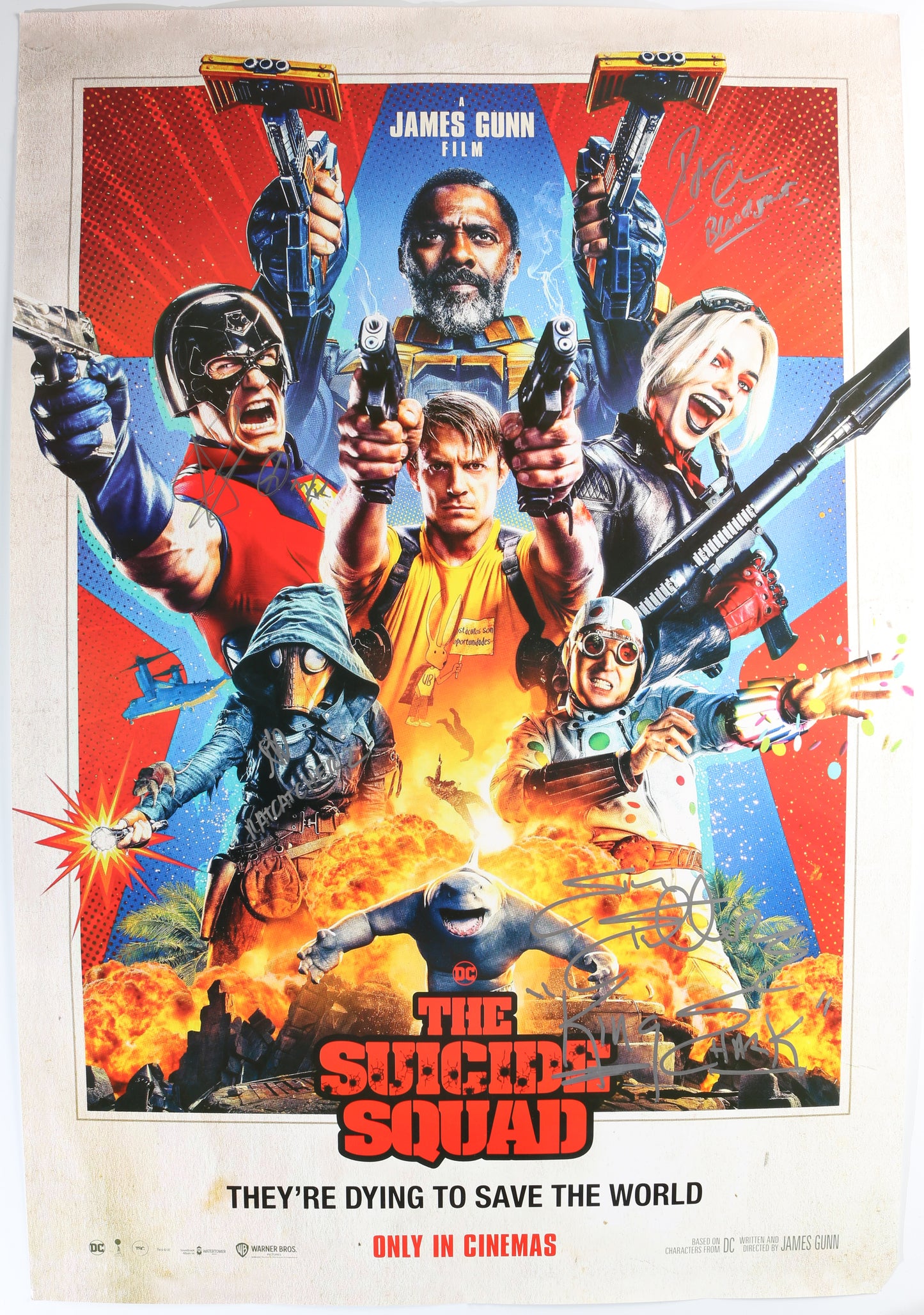 
                  
                    The Suicide Squad 27x40 Poster Cast Signed by Idris Elba, John Cena, Daniela Melchior, & Sylvester Stallone with Character Names
                  
                