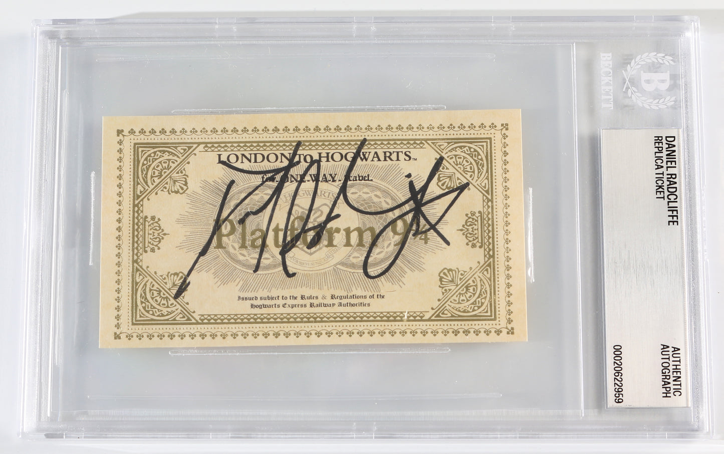 
                  
                    Daniel Radcliffe as Harry Potter in Harry Potter (Beckett Encapsulated) Signed Hogwarts Express Prop Replica Train Ticket
                  
                