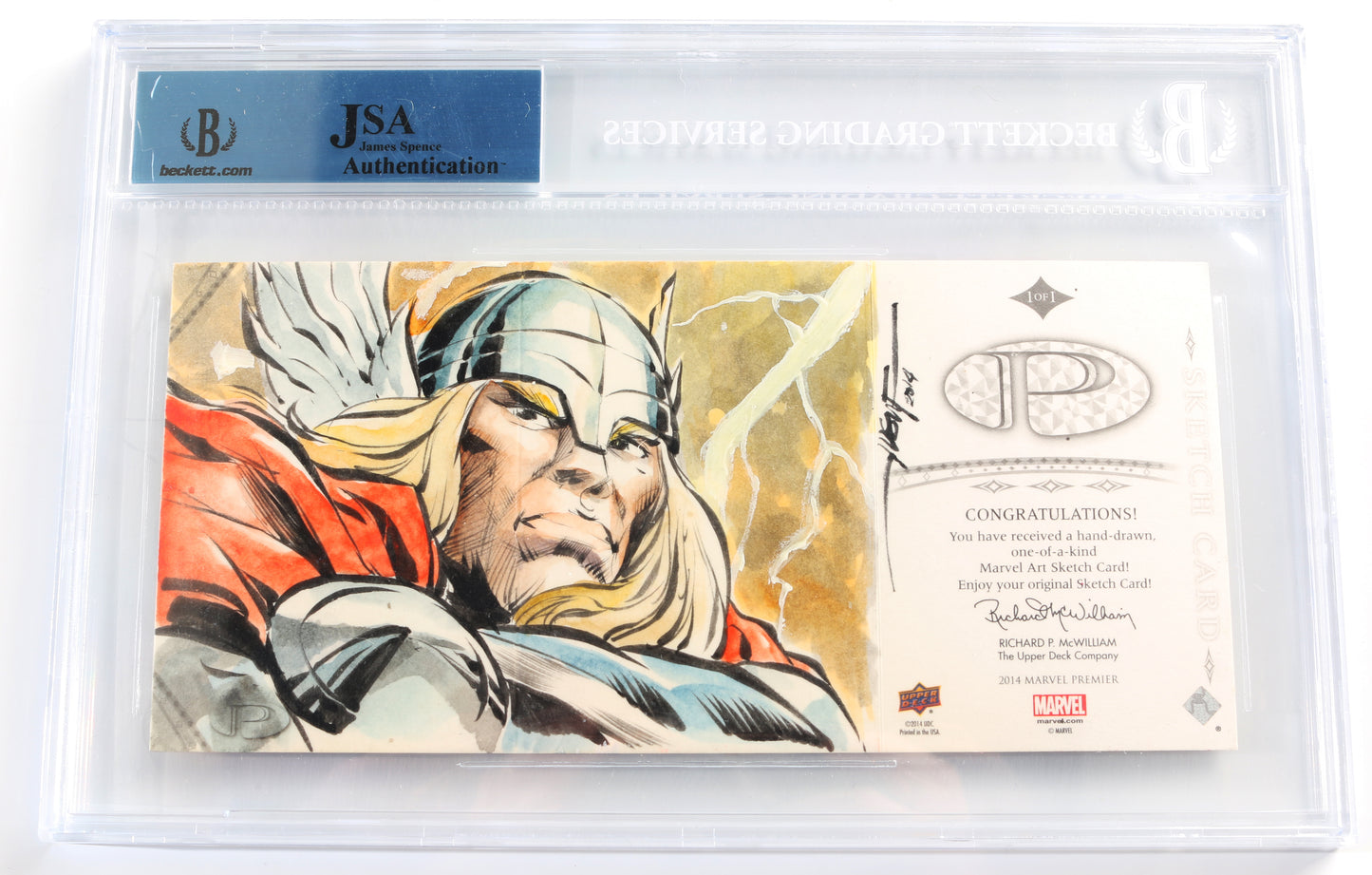 
                  
                    Marvel's Thor (Beckett Encapsulated) Upper Deck Panoramic Sketch Trading Card by Richard P. McWilliam & Signed by Stan Lee
                  
                