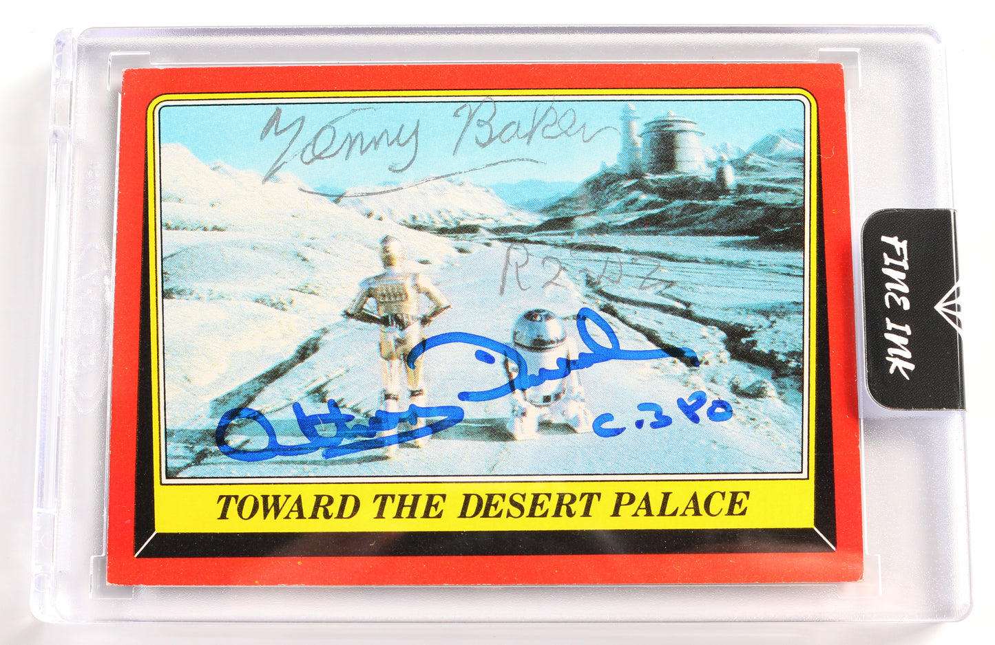 
                  
                    Anthony Daniels as C-3PO & Kenny Baker as R2-D2 in Star Wars: Return of the Jedi (Encapsulated) Signed Topps Trading Card with Character Names
                  
                