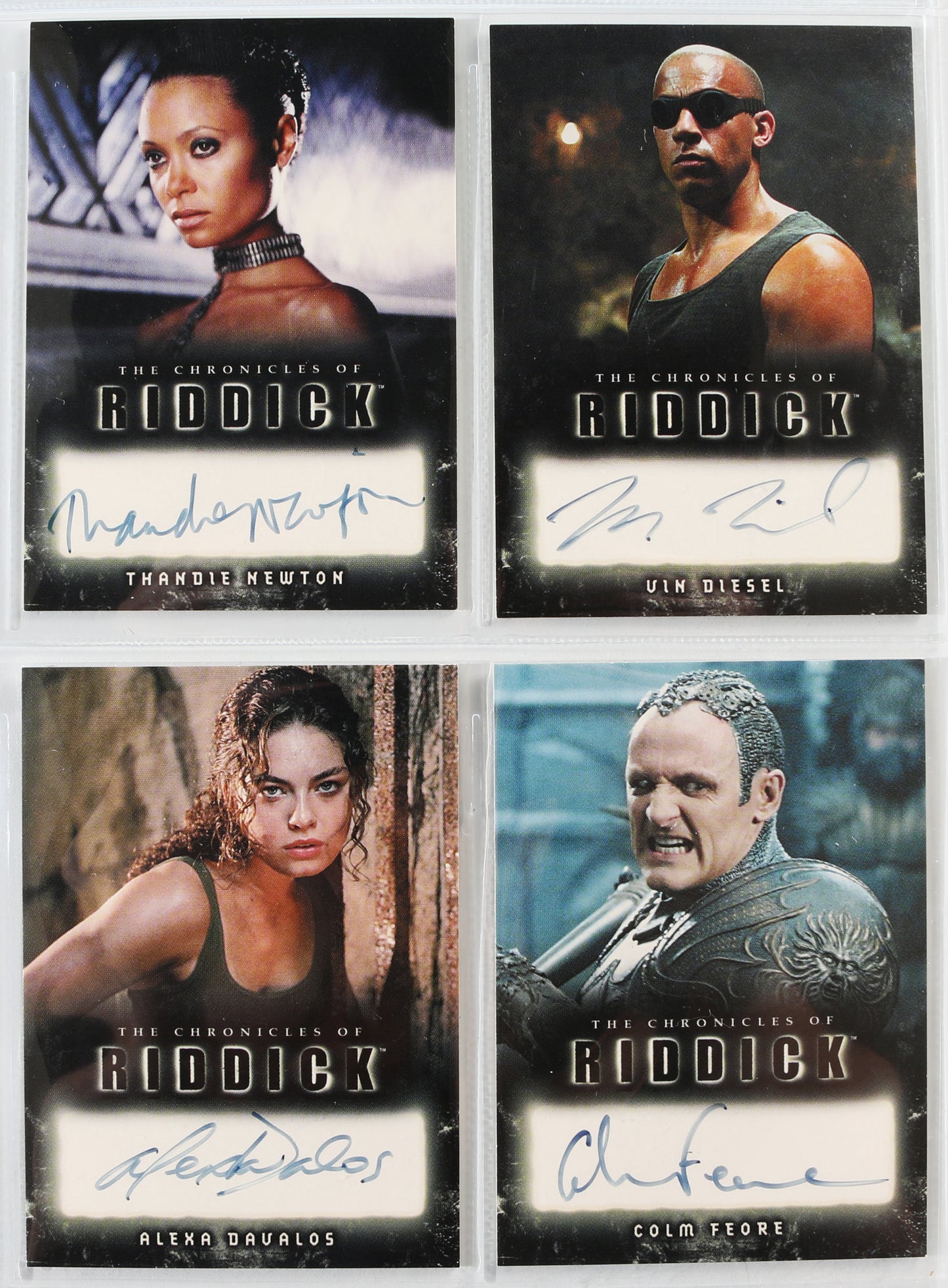 
                  
                    The Chronicles of Riddick Rittenhouse Trading Cards 4pc LOT Signed by Vin Diesel, Thandiwe Newton, Alexa Davalos, & Colm Feore
                  
                
