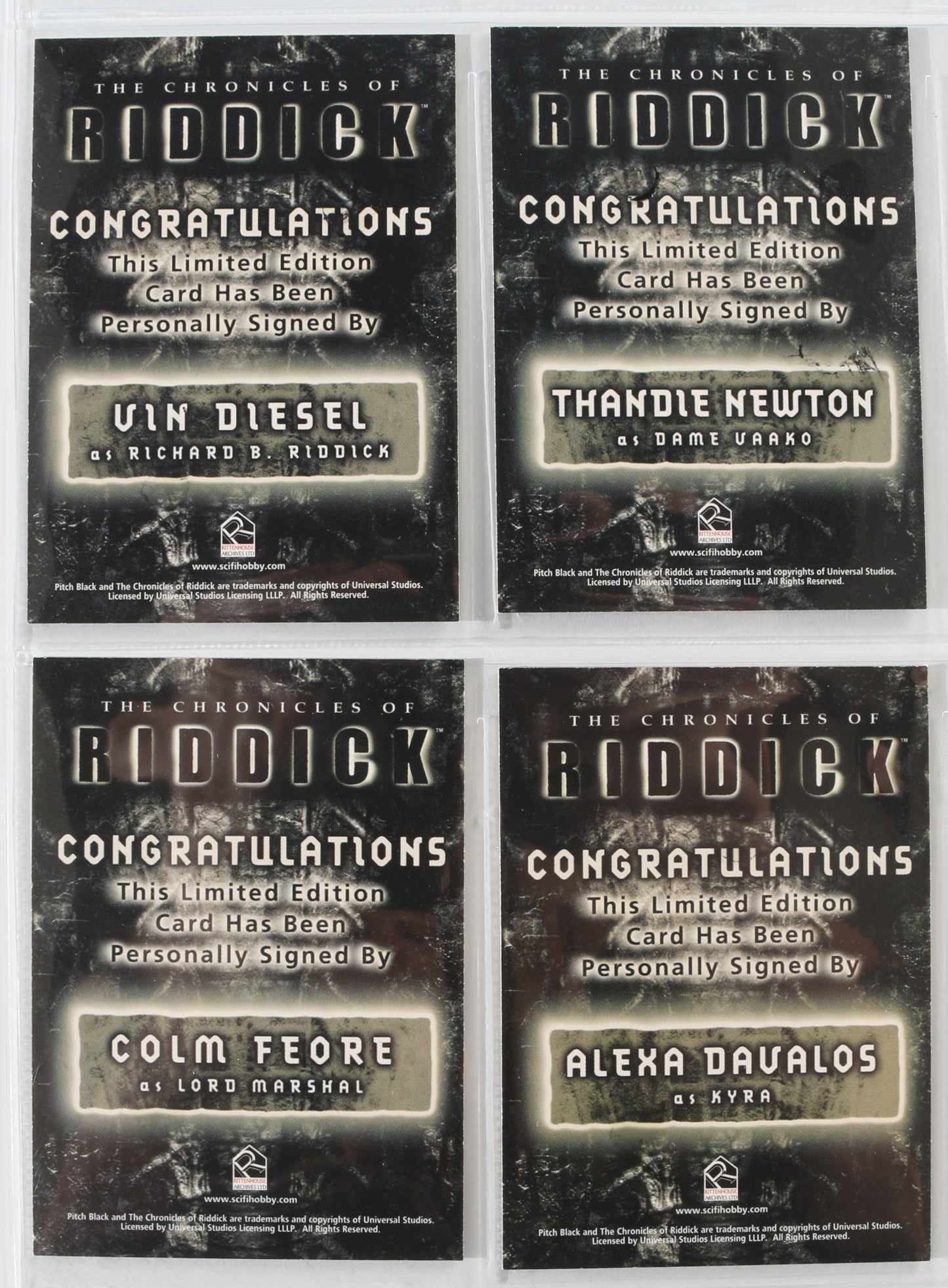 
                  
                    The Chronicles of Riddick Rittenhouse Trading Cards 4pc LOT Signed by Vin Diesel, Thandiwe Newton, Alexa Davalos, & Colm Feore
                  
                