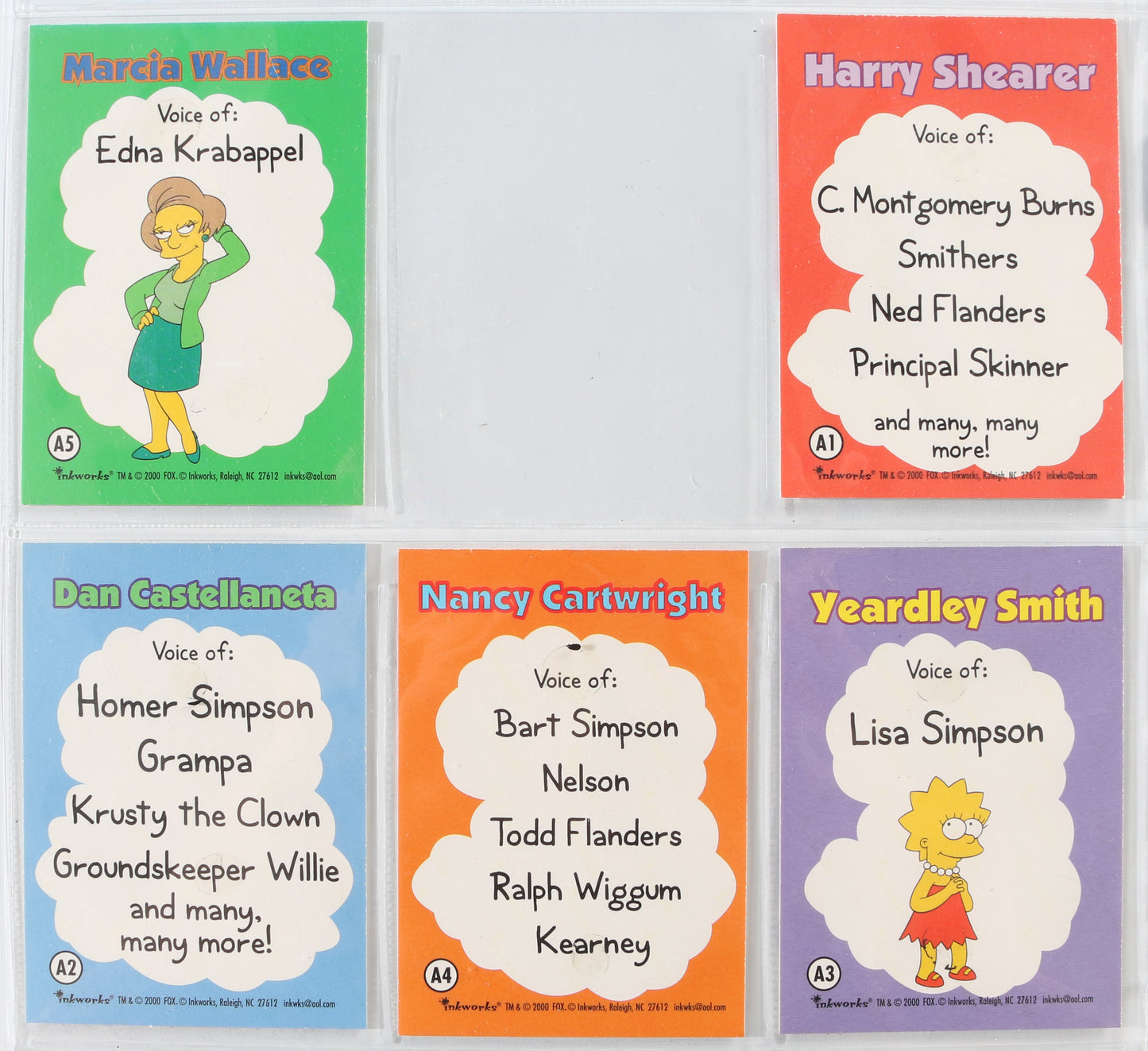 
                  
                    The Simpsons Inkworks Trading Cards 5pc LOT Signed by Dan Castellaneta, Nancy Cartwright, Yeardley Smith, Marcia Wallace, & Harry Shearer
                  
                