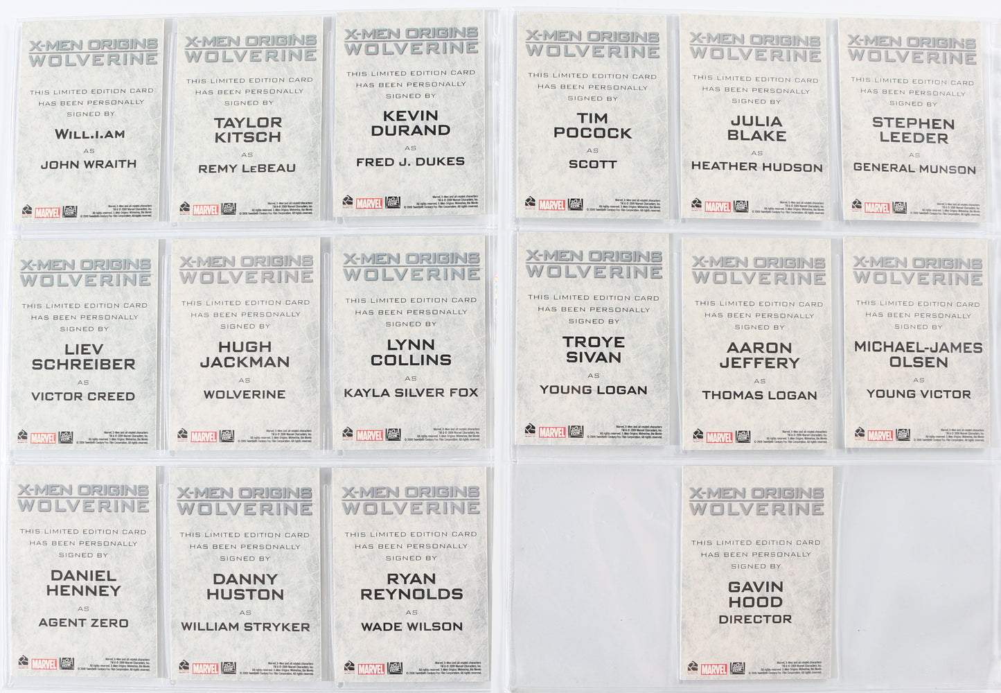 
                  
                    X-Men Origins: Wolverine Rittenhouse Trading Cards 125pc LOT with 16 Cards Signed by Hugh Jackman, Ryan Reynolds, Liev Schreiber, Danny Huston, will.i.am, Lynn Collins, Kevin Durand, Taylor Kitsch, Gavin Hood, & More
                  
                