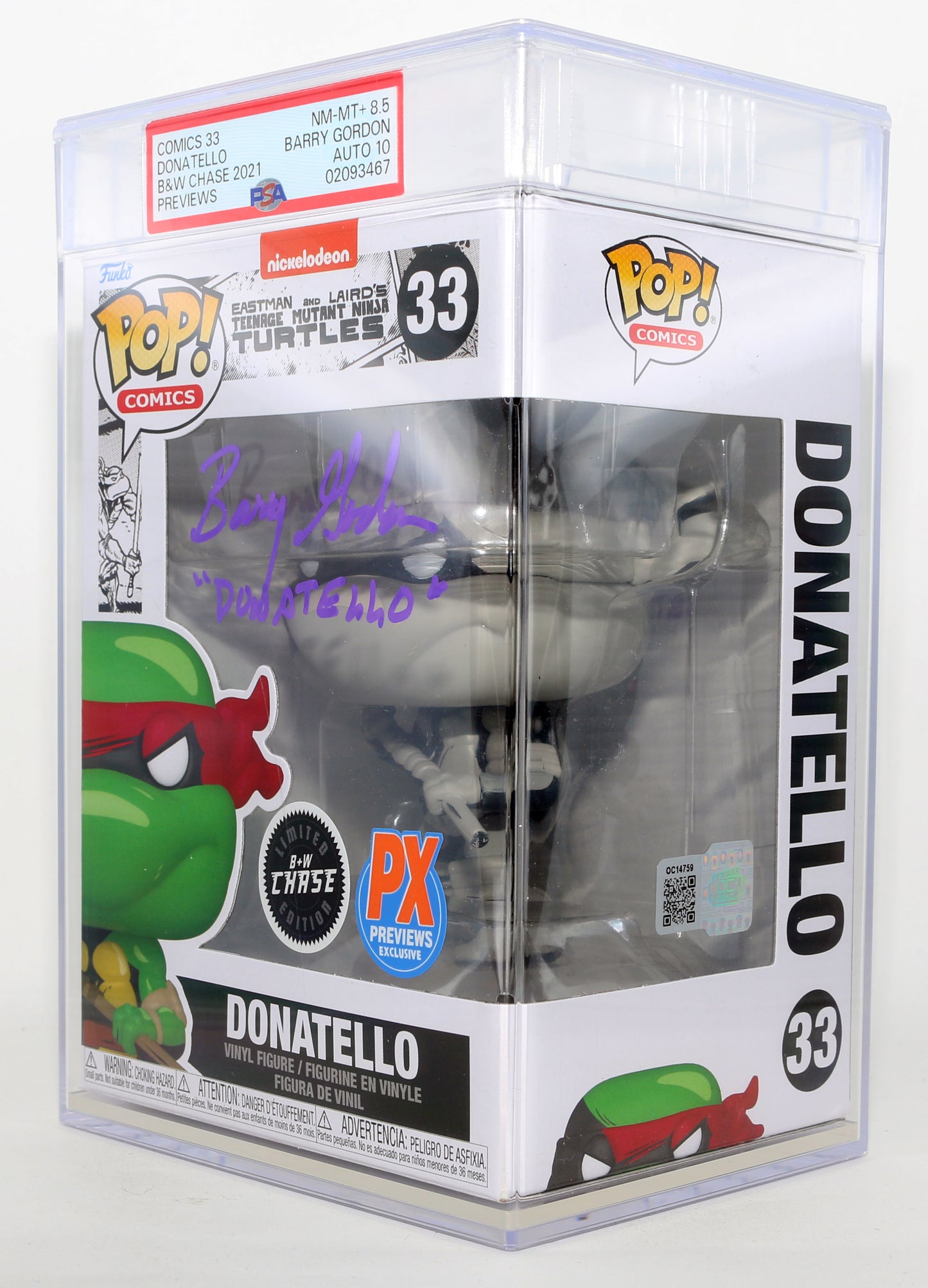 
                  
                    Barry Gordon as Donatello in Teenage Mutant Ninja Turtles B&W Chase PX Previews Exclusive (PSA Encapsulated Grade NM-MT+ 8.5 / Auto 10) Signed Funko POP! #33 with Character Name
                  
                