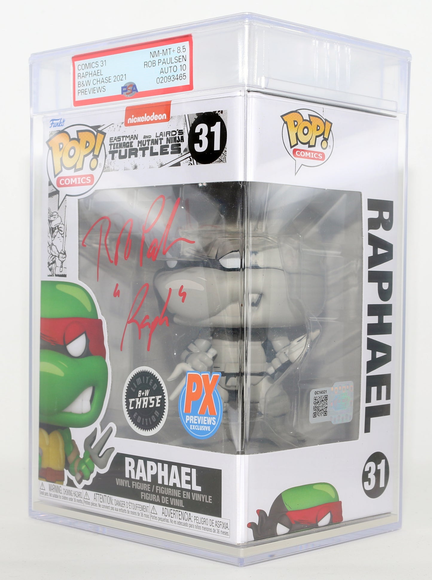 
                  
                    Rob Paulsen as Raphael in Teenage Mutant Ninja Turtles B&W Chase PX Previews Exclusive (PSA Encapsulated Grade NM-MT+ 8.5 / Auto 10) Signed Funko POP! #31 with Character Name
                  
                