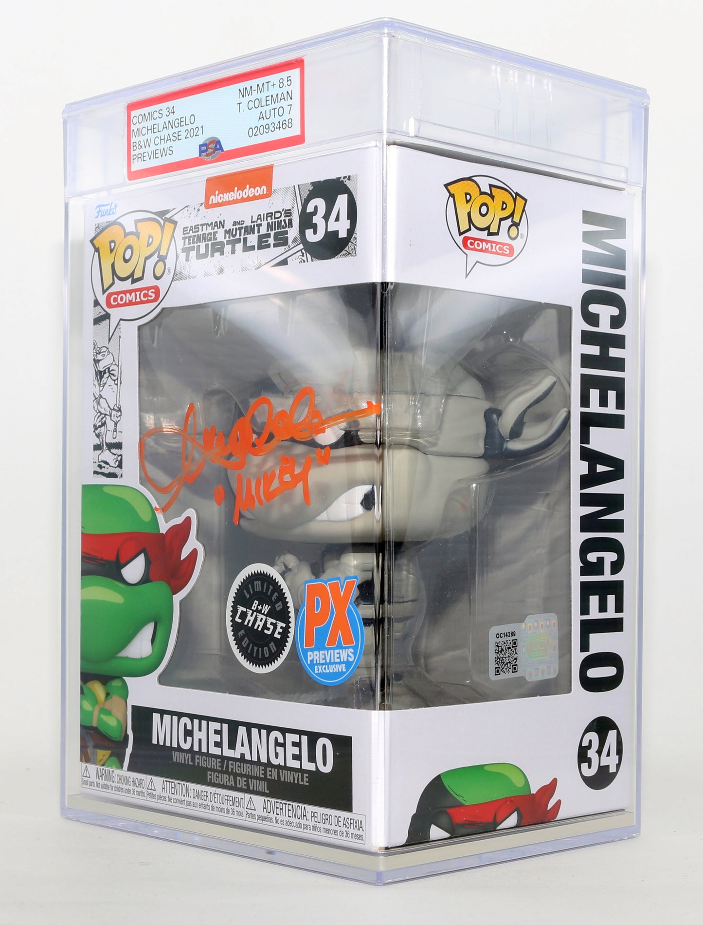 
                  
                    Townsend Coleman as Michelangelo in Teenage Mutant Ninja Turtles B&W Chase PX Previews Exclusive (PSA Encapsulated Grade NM-MT+ 8.5 / Auto 7) Signed Funko POP! #34 with Character Name
                  
                