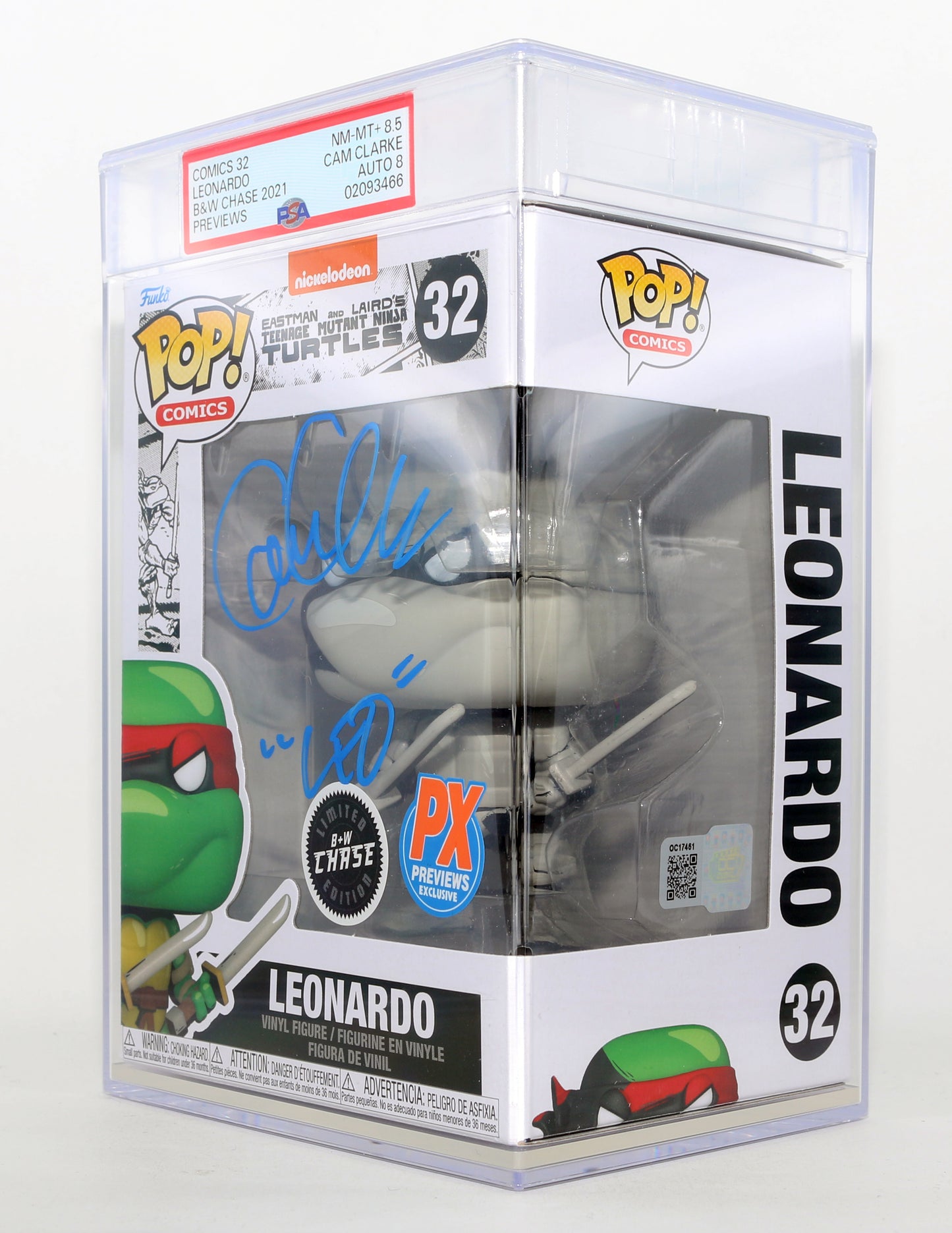 
                  
                    Cam Clarke as Leonardo in Teenage Mutant Ninja Turtles B&W Chase PX Previews Exclusive (PSA Encapsulated Grade NM-MT+ 8.5 / Auto 8) Signed Funko POP! #32 with Character Name
                  
                