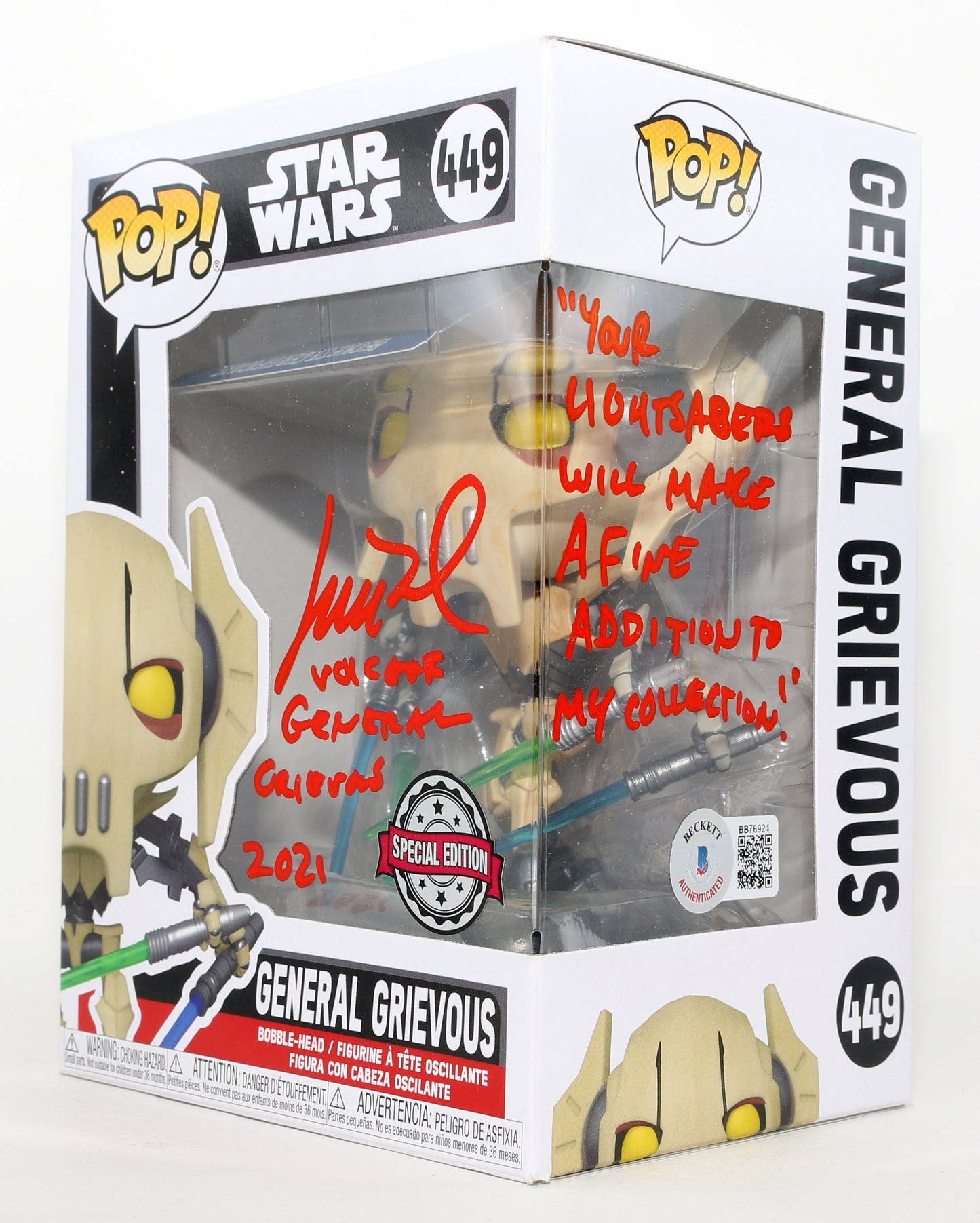 
                  
                    Matthew Wood as General Grievous in Star Wars Episode III: Revenge of the Sith Special Edition (Beckett) Signed Funko POP! #449 with Character Name & Quote
                  
                